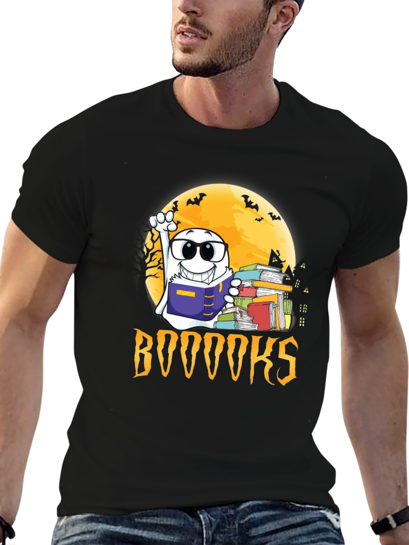 Black Halloween Ghost Reading BOOOOOKS T-Shirt view 6