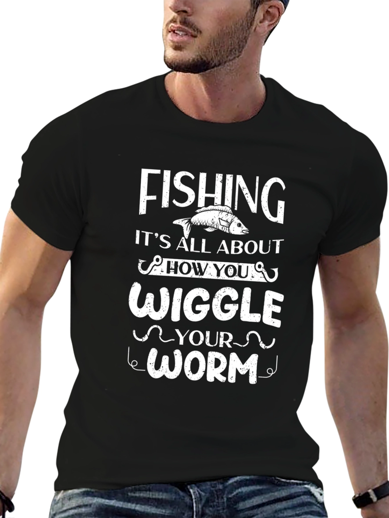 Black Fishing Wiggle Your Worm T-Shirt view 6
