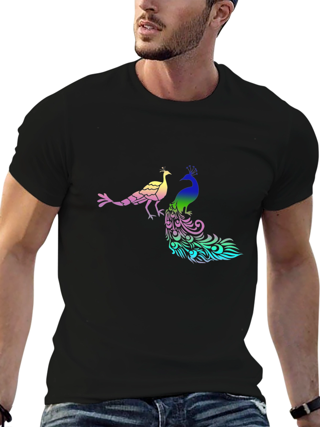 Black Peacock Graphic Print Black T-Shirt view 6