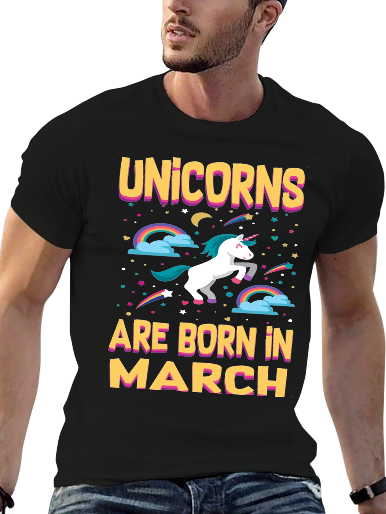 Black Unicorns Born in March T-Shirt view 6