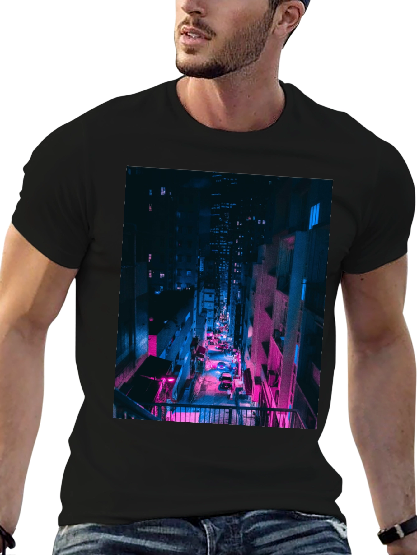 Black Cyberpunk Cityscape Black T-Shirt view 6
