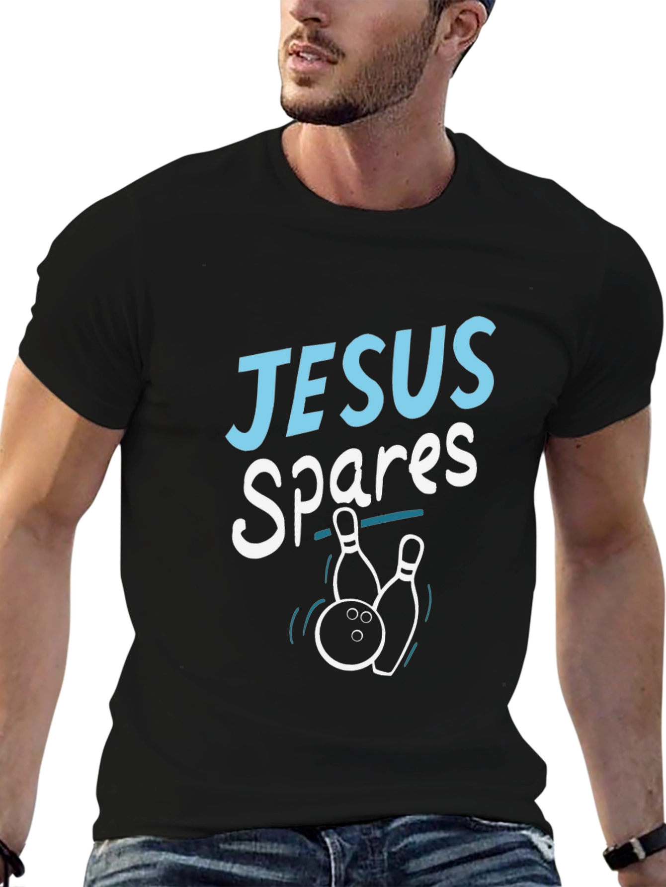 Black Jesus Spares Bowling T-Shirt - Religious Humor Tee view 6