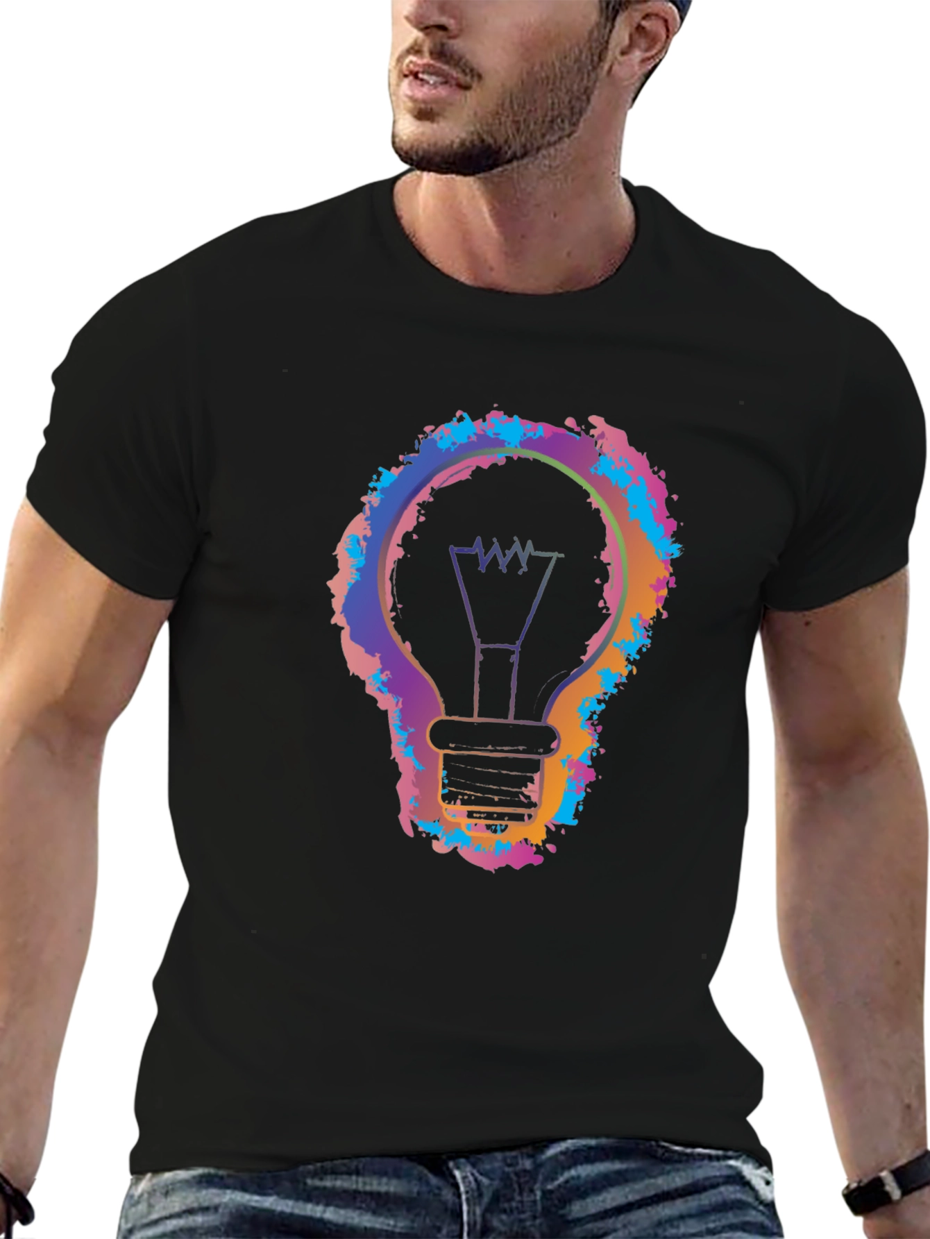 Black Colorful Light Bulb Graphic Black T-Shirt view 6