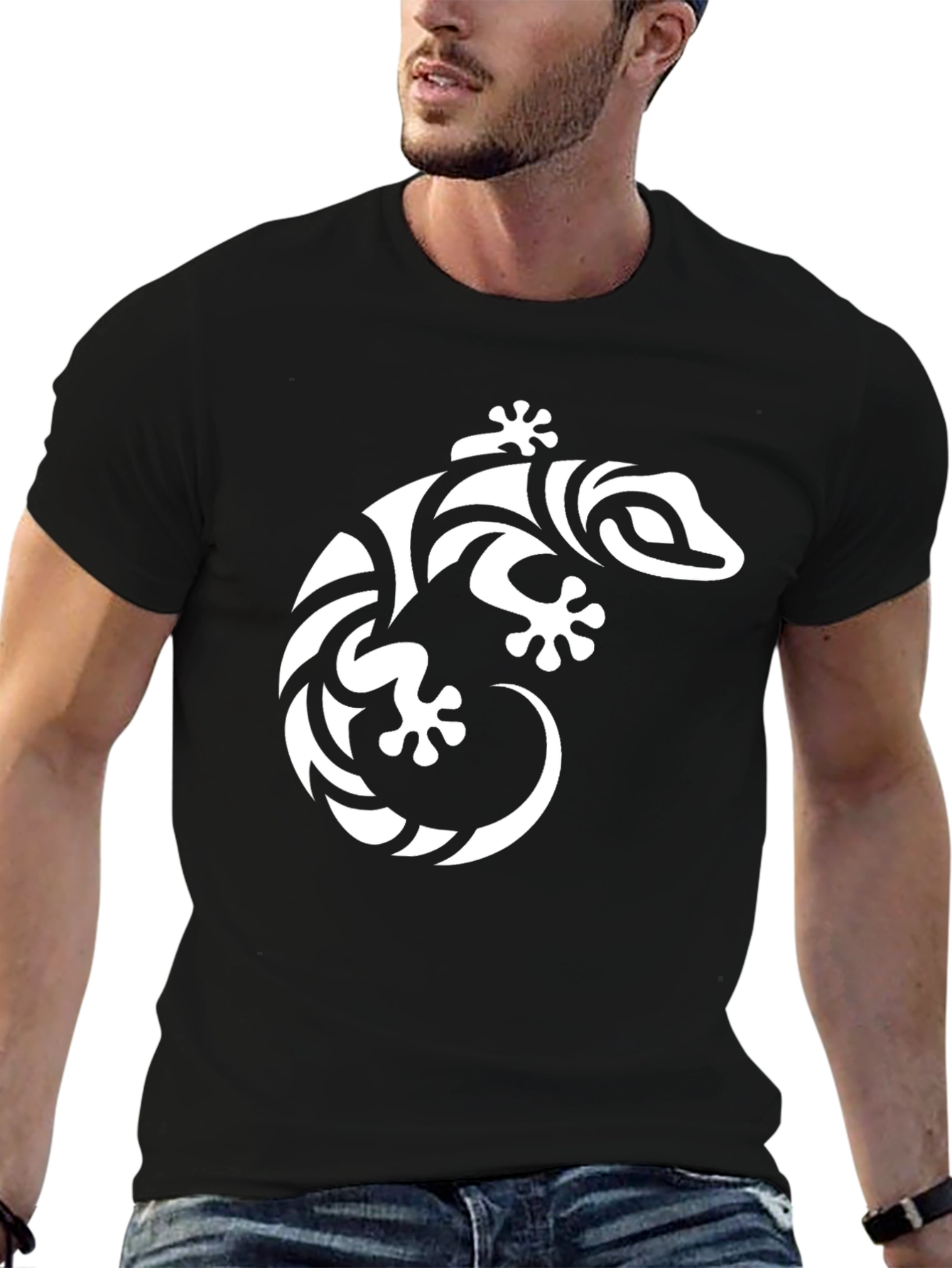 Black Tribal Gecko Graphic Tee - Black Cotton Shirt view 6