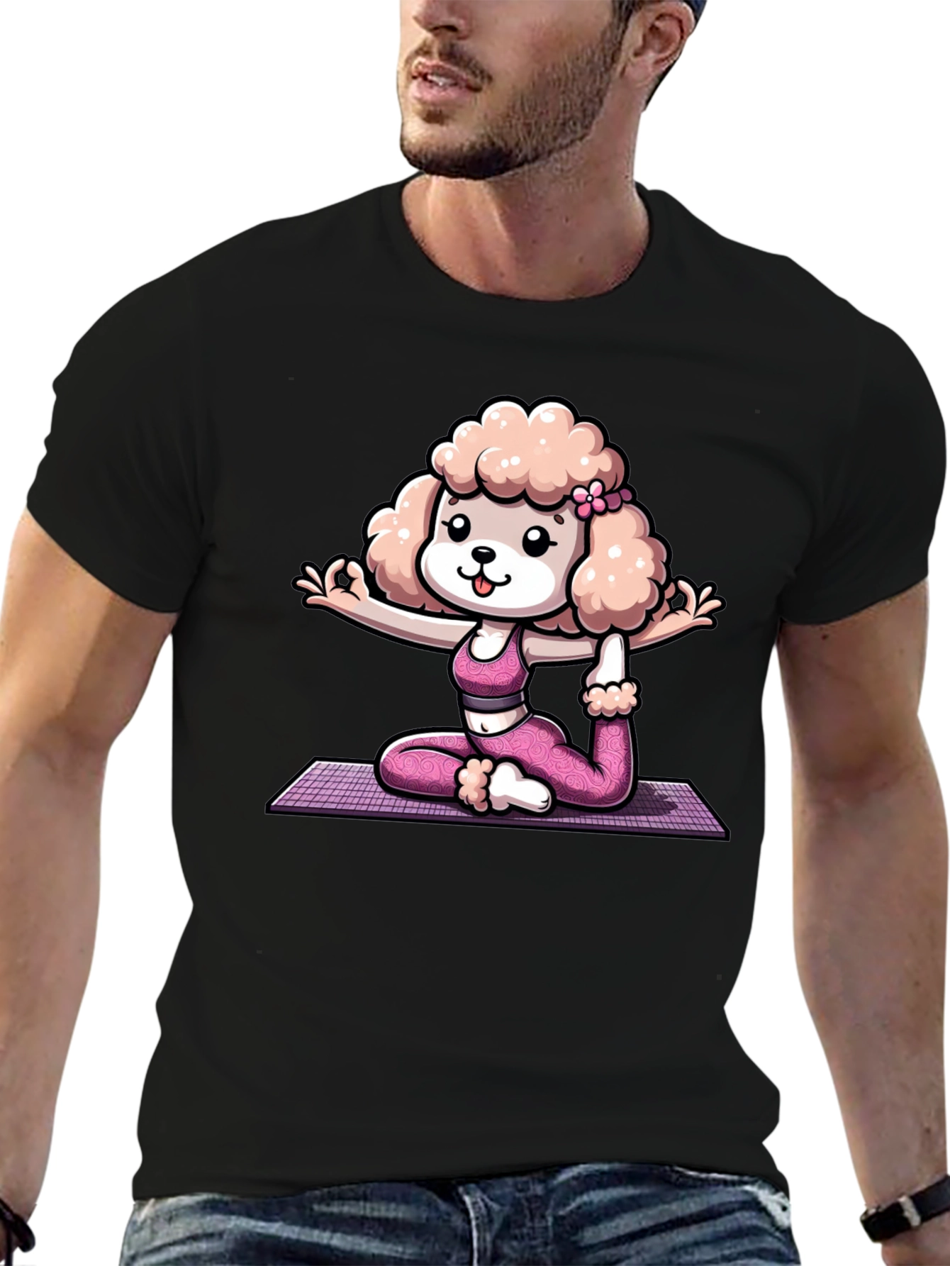 Black Yoga Poodle Graphic Tee - Unisex Cotton T-Shirt view 6