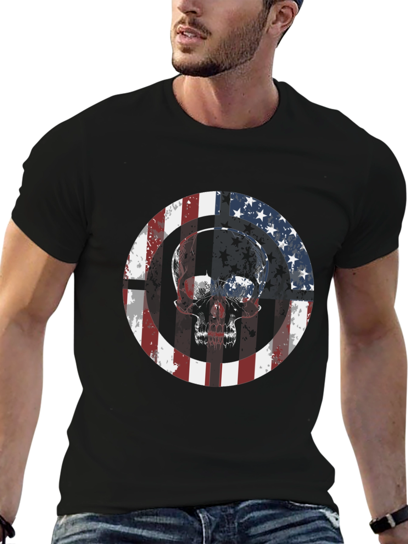 Black American Flag Skull Graphic Tee view 6