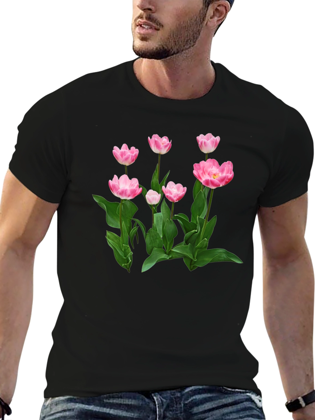 Black Floral Print T-Shirt - Pink Tulip Design view 6