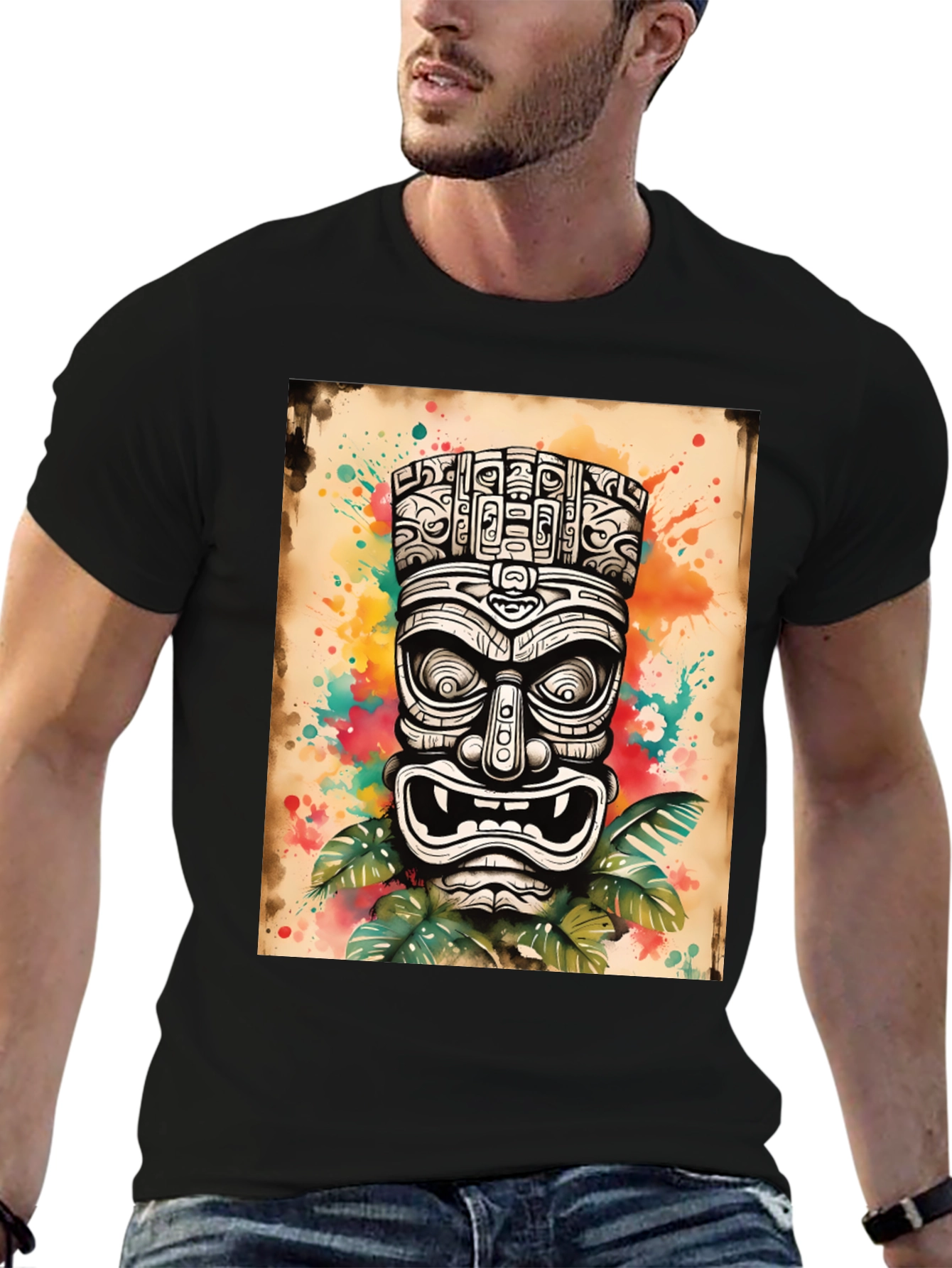 Black Tiki Art Graphic Tee - Men's Black T-Shirt view 6