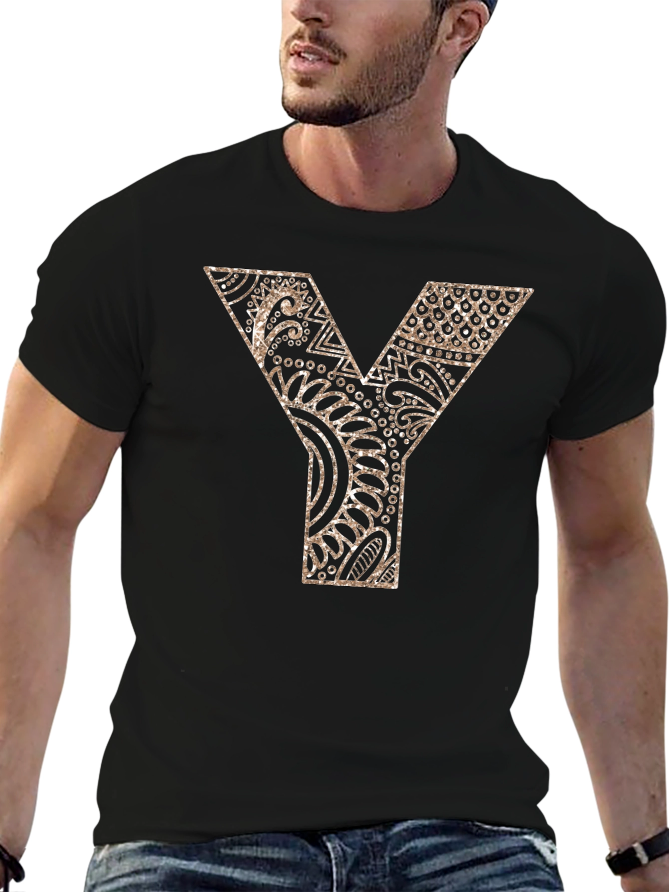 Black Y Letter Patterned Graphic Tee - Black view 6