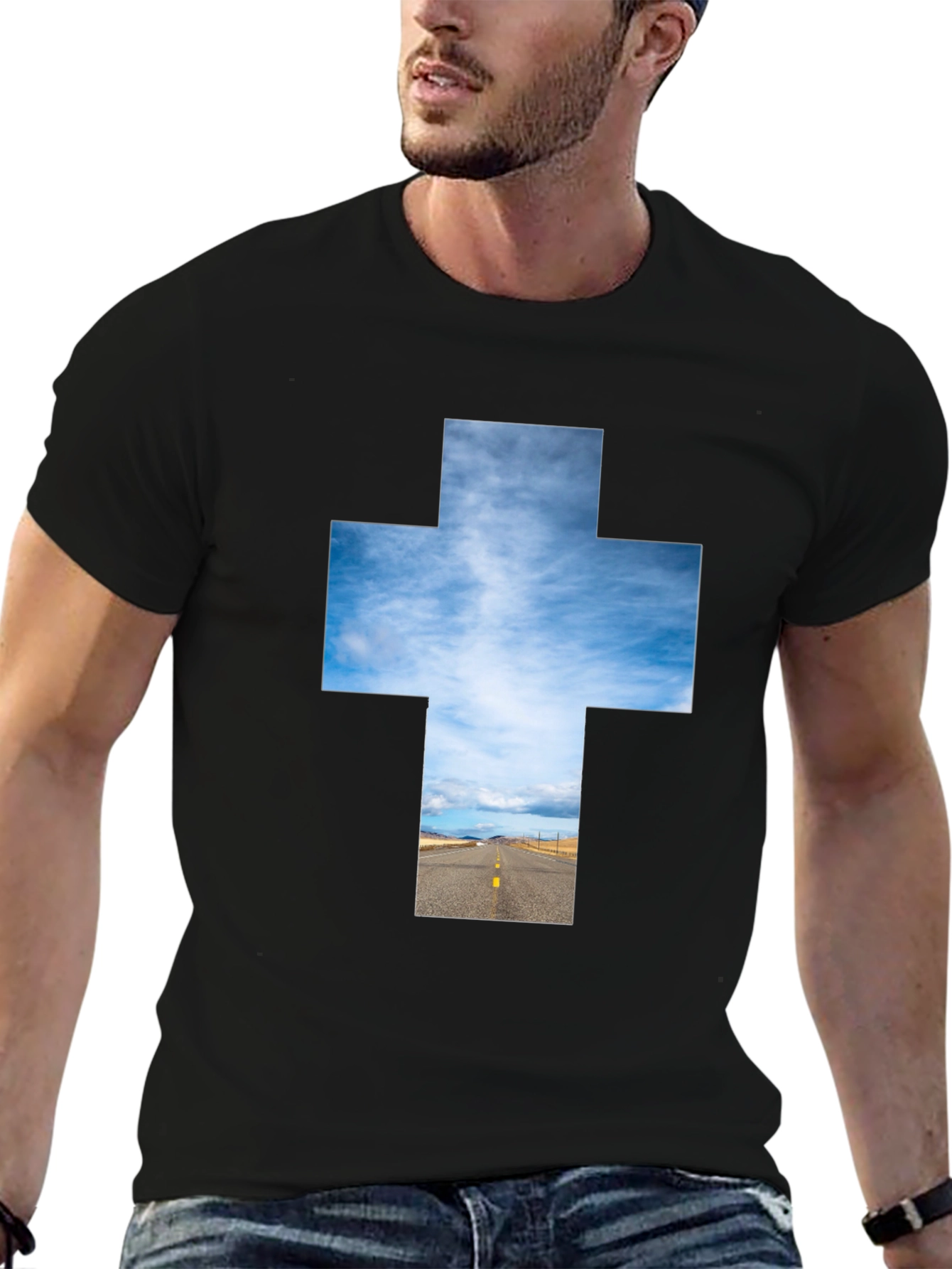 Black Sky Road Cross Graphic Tee - Unisex Black T-Shirt view 6