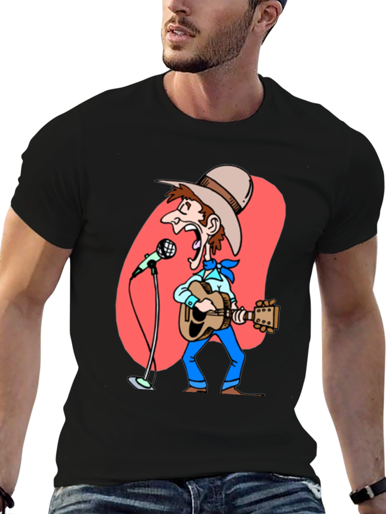 Black Cartoon Cowboy T-Shirt - Guitar & Microphone Graphic view 6