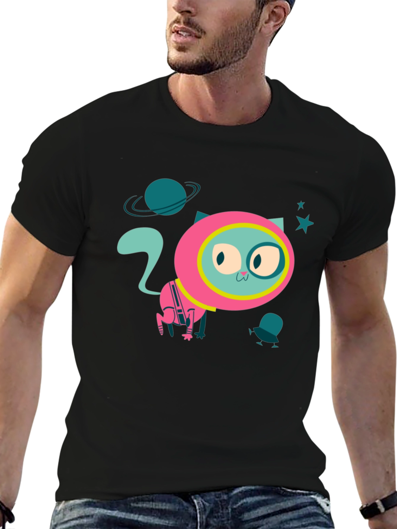 Black Cat Astronaut Graphic T-Shirt - Space Kitty Tee view 6