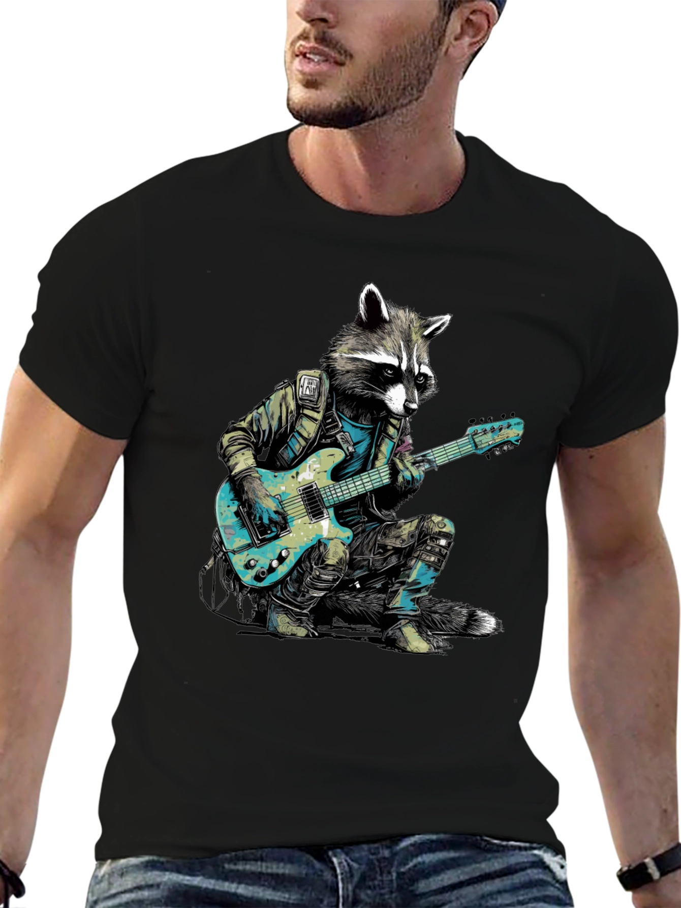 Black Raccoon Rocker Graphic Tee - Cool Animal Guitar T-Shirt view 6