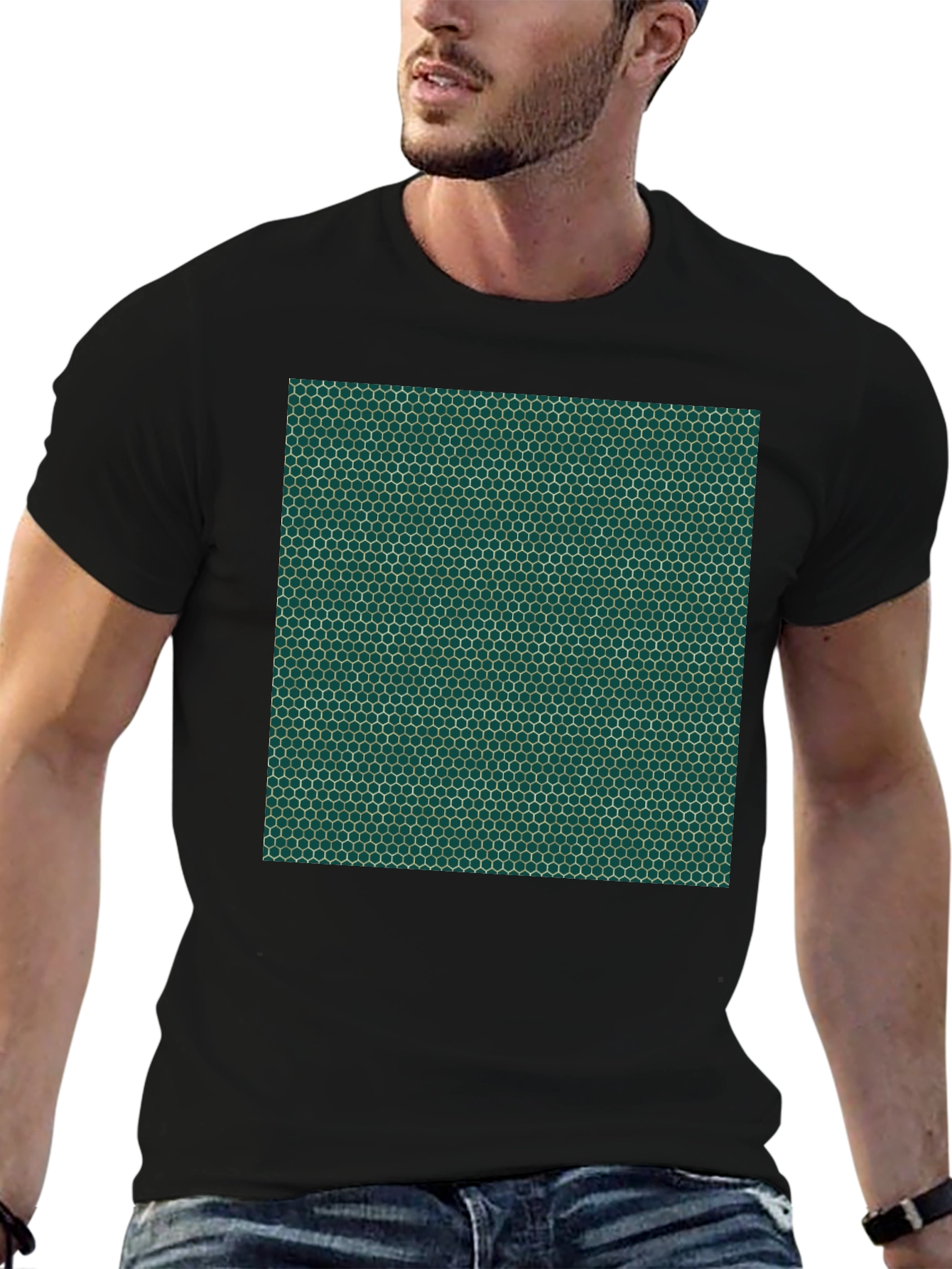 Black Geometric Hexagon Pattern Black T-Shirt view 6