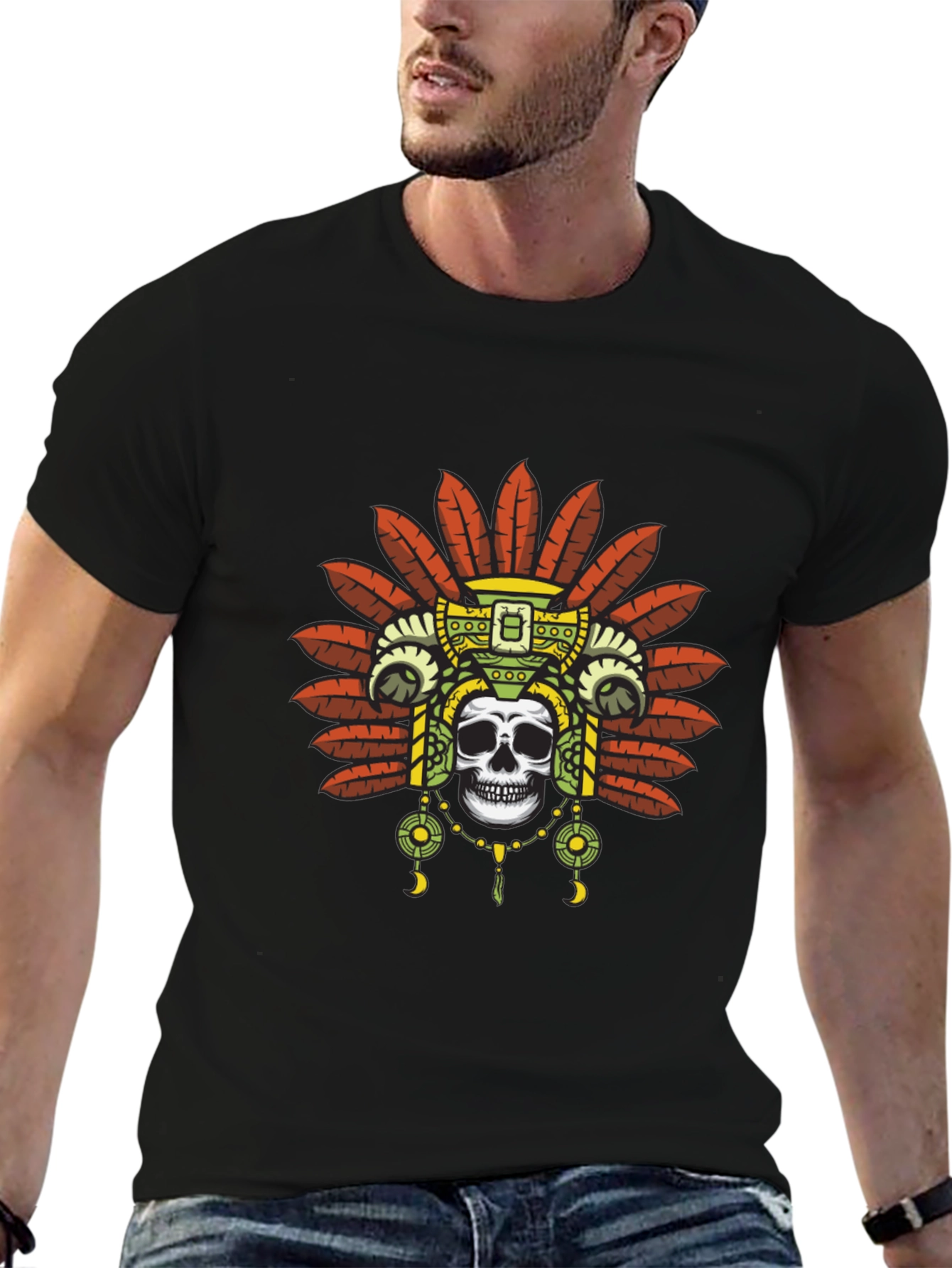 Black Skull Headdress Graphic Tee - Black T-Shirt view 6