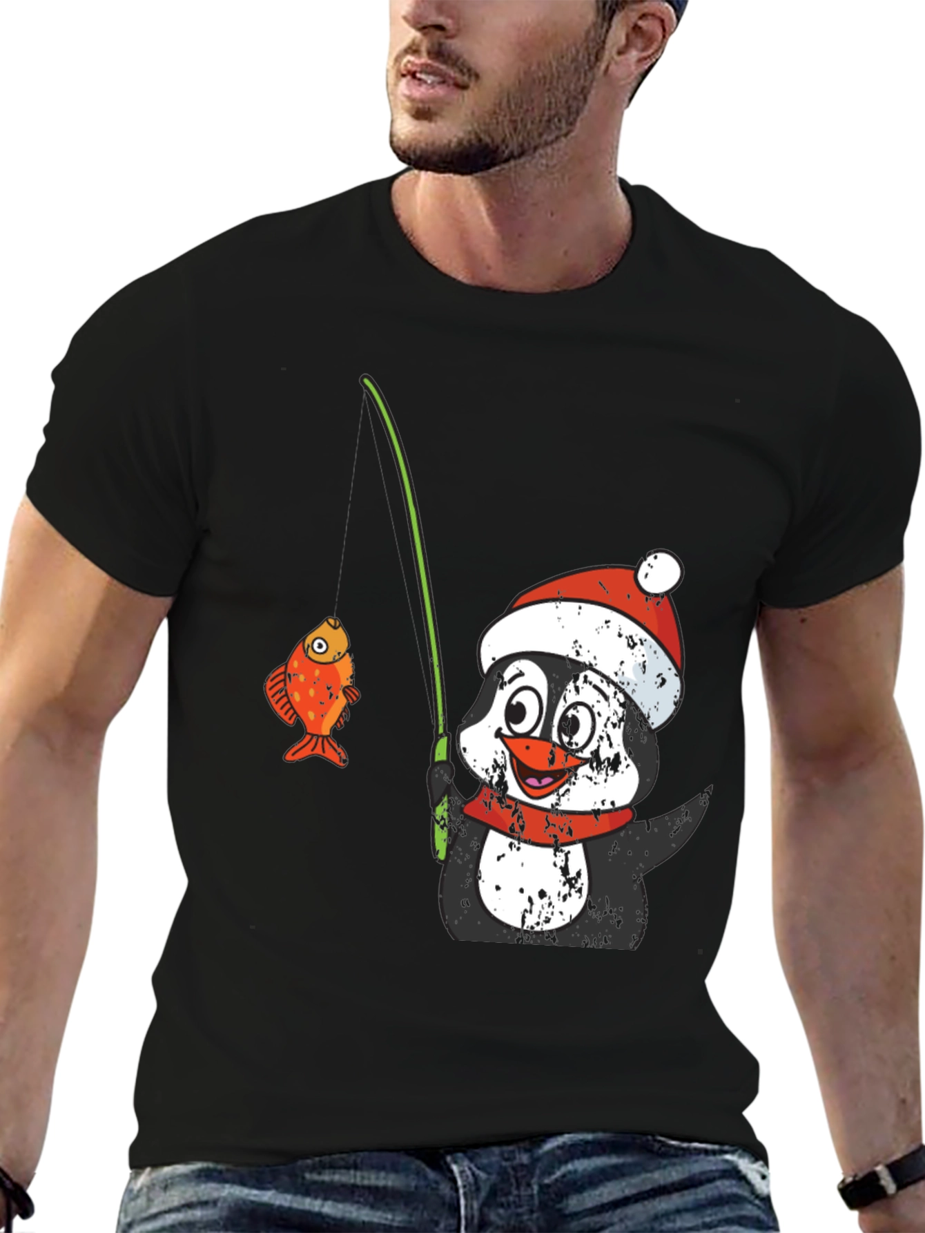 Black Penguin Fishing T-Shirt - Festive Holiday Wear view 6