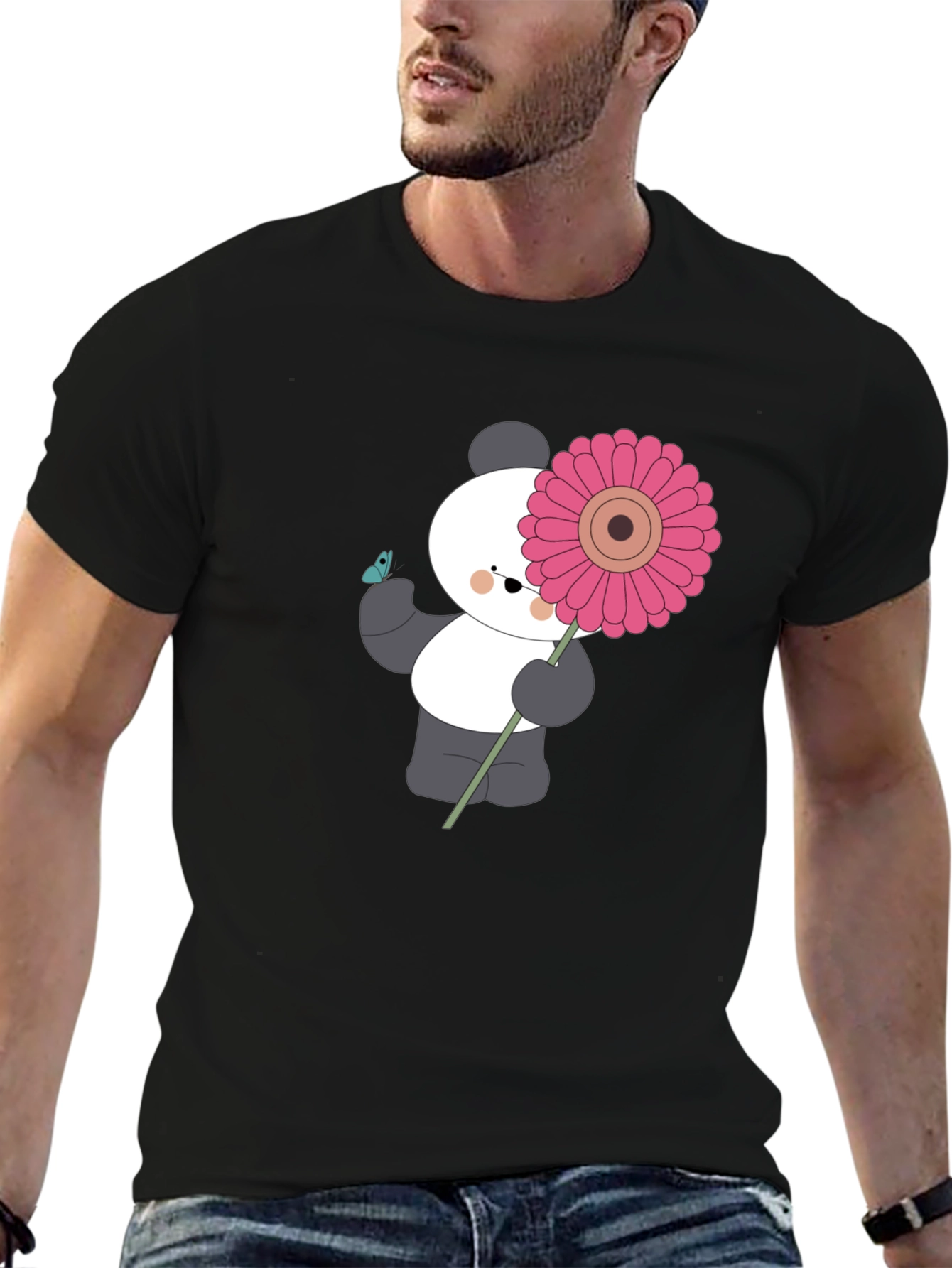 Black Panda with Flower Graphic Black T-Shirt view 6