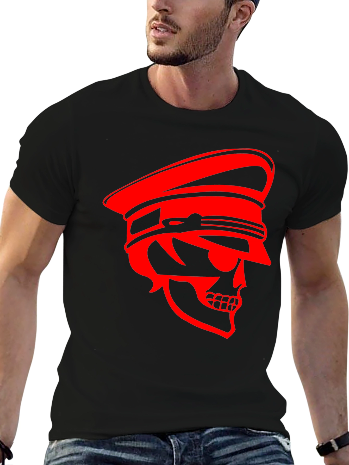 Black Skull Captain Graphic Tee - Bold Red Design on Black Cotton view 6