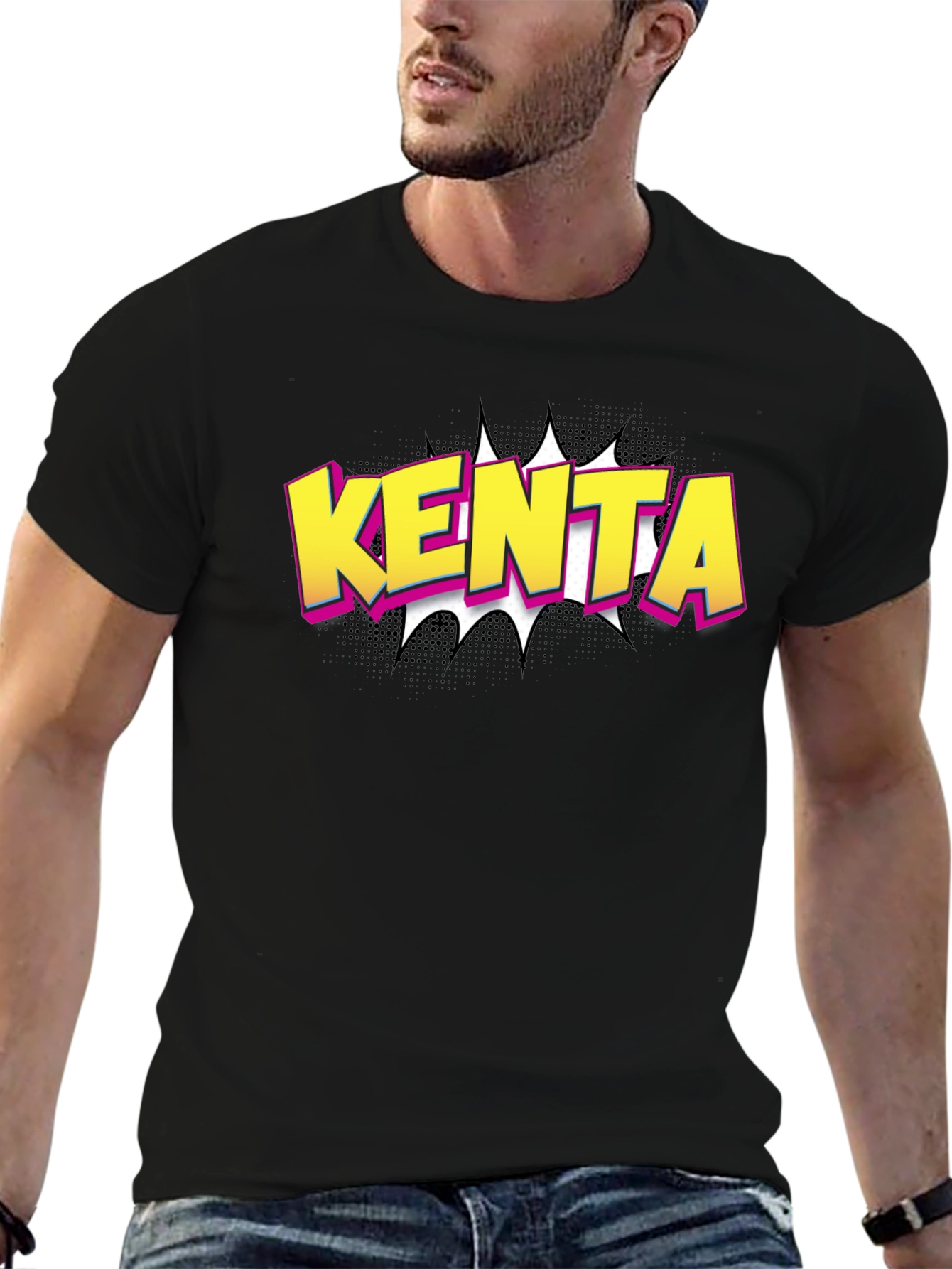 Black KENTA Comic Style T-Shirt - Bold Graphic Tee view 6