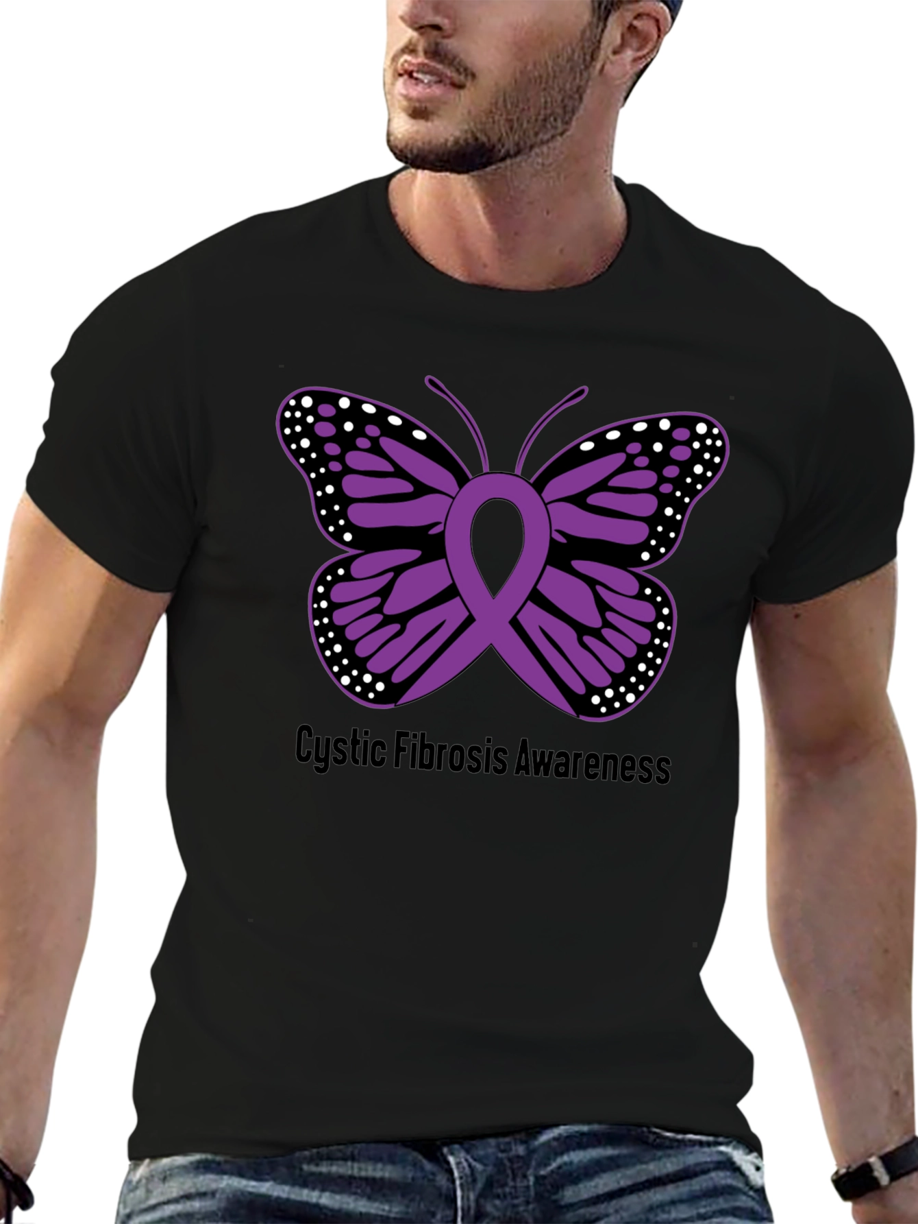 Black Cystic Fibrosis Awareness Butterfly Ribbon T-Shirt view 6