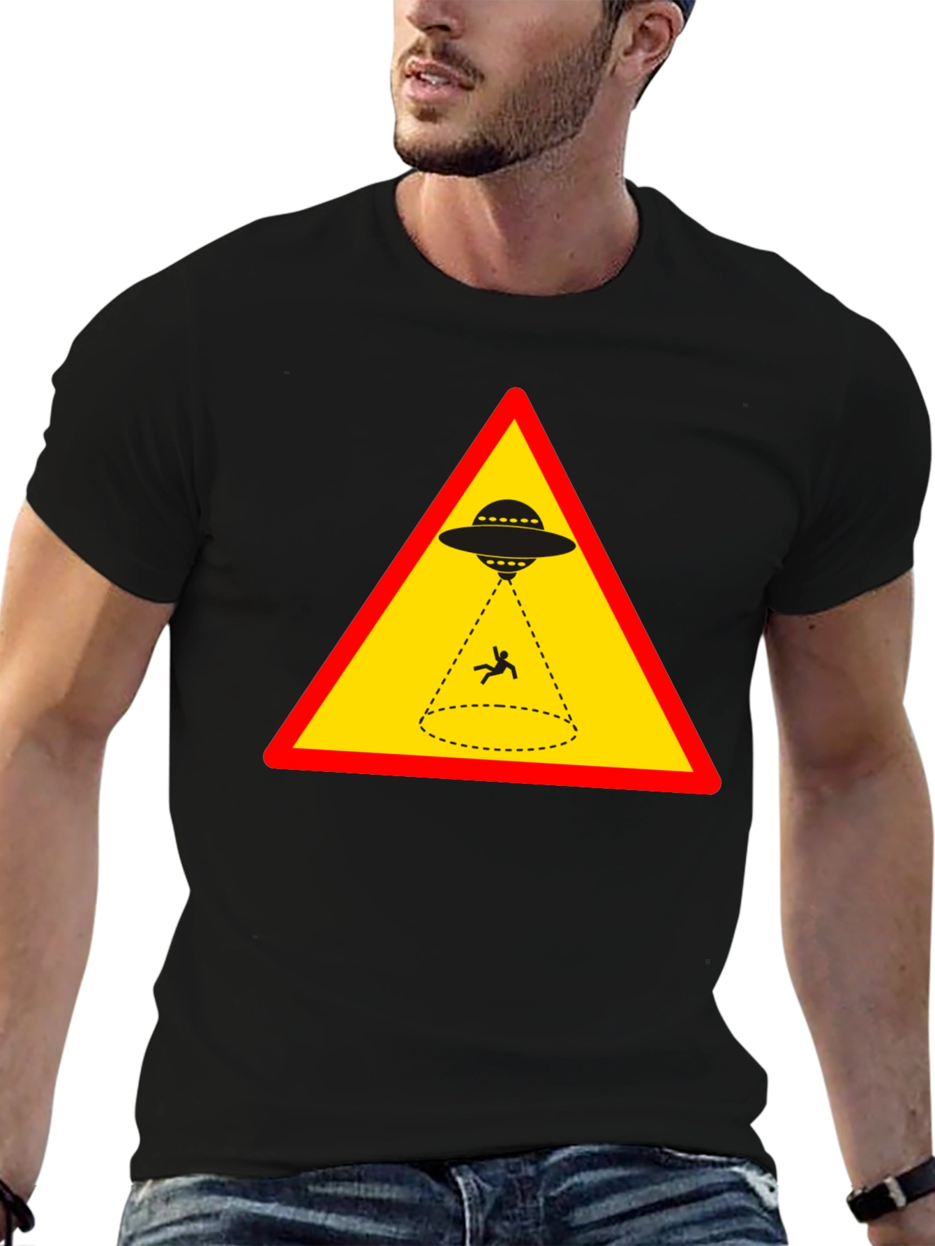Black Alien Abduction T-Shirt - Warning Sign Graphic view 6