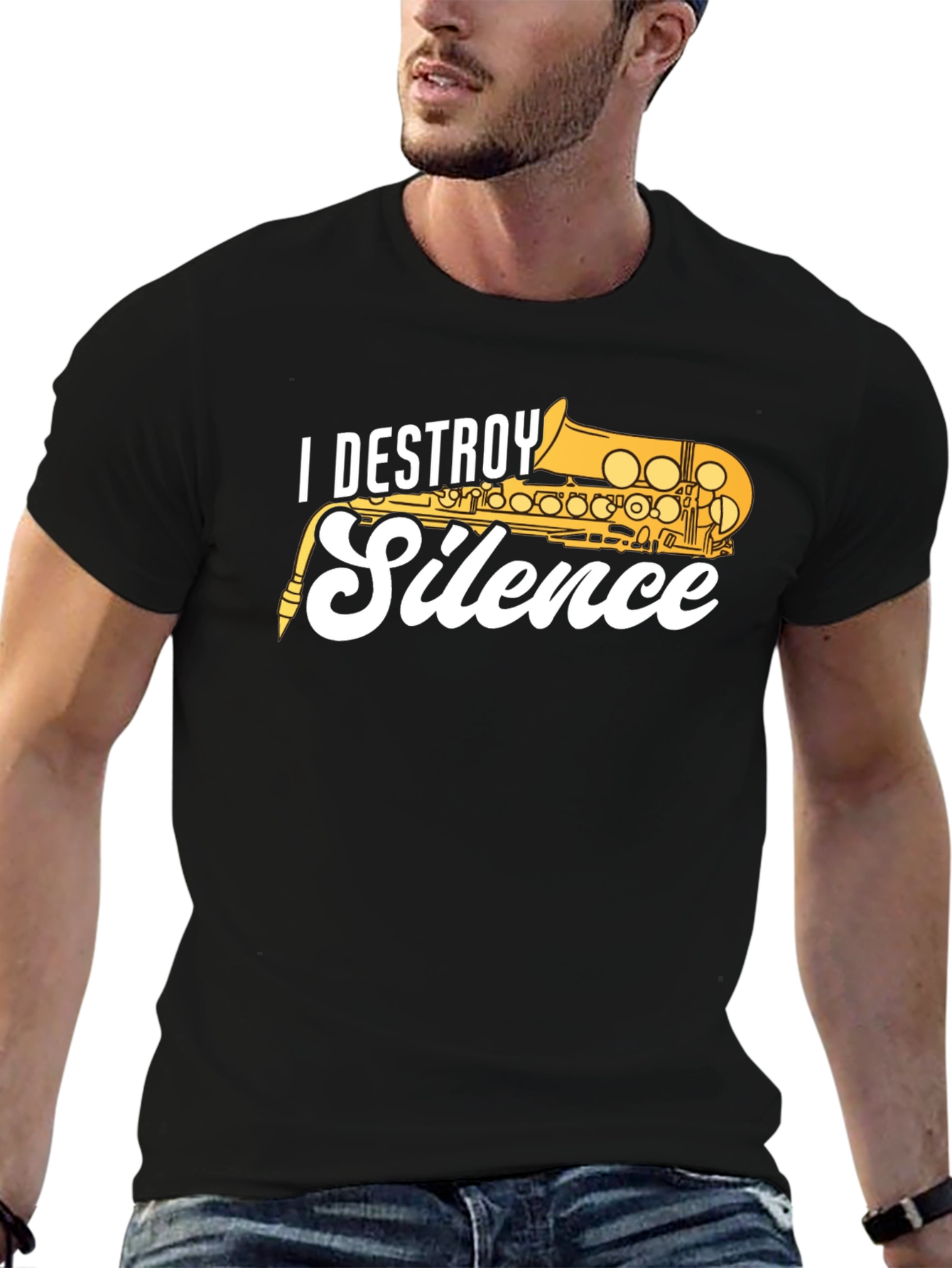 Black I Destroy Silence Saxophone T-Shirt view 6