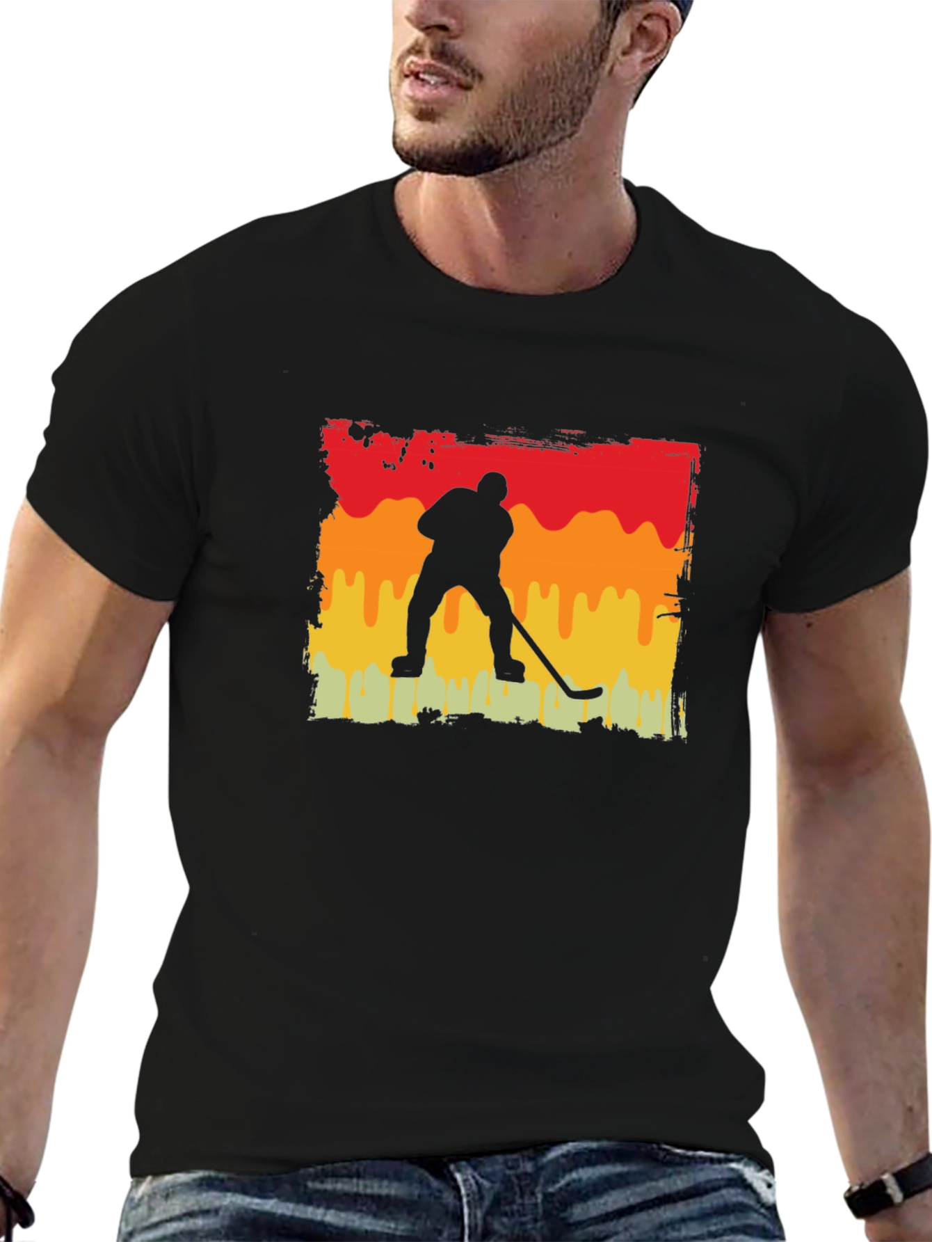 Black Retro Hockey Player Graphic Tee - Black Cotton T-Shirt view 6