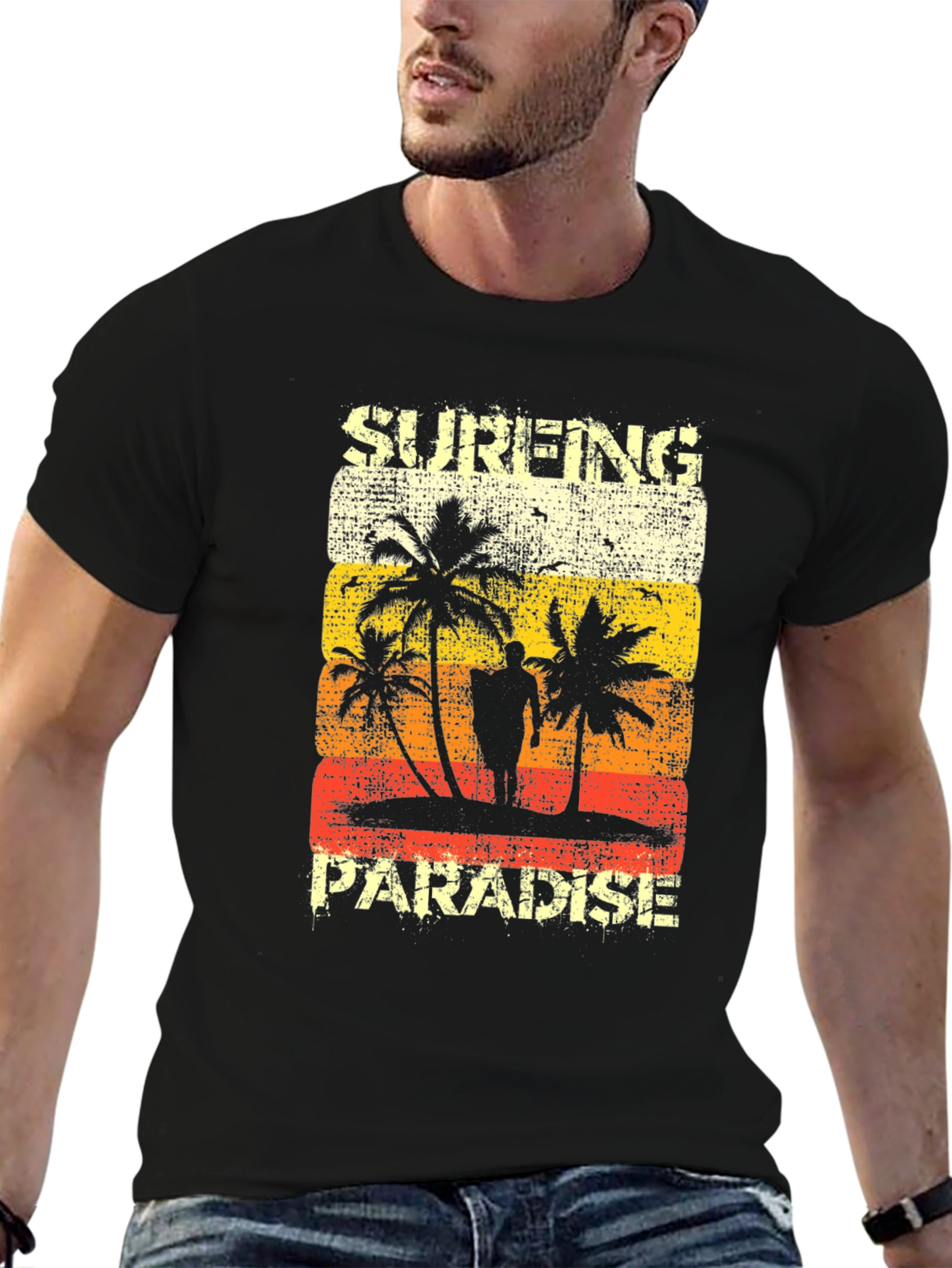 Black Surfing Paradise Graphic Tee - Distressed Beach Design view 6