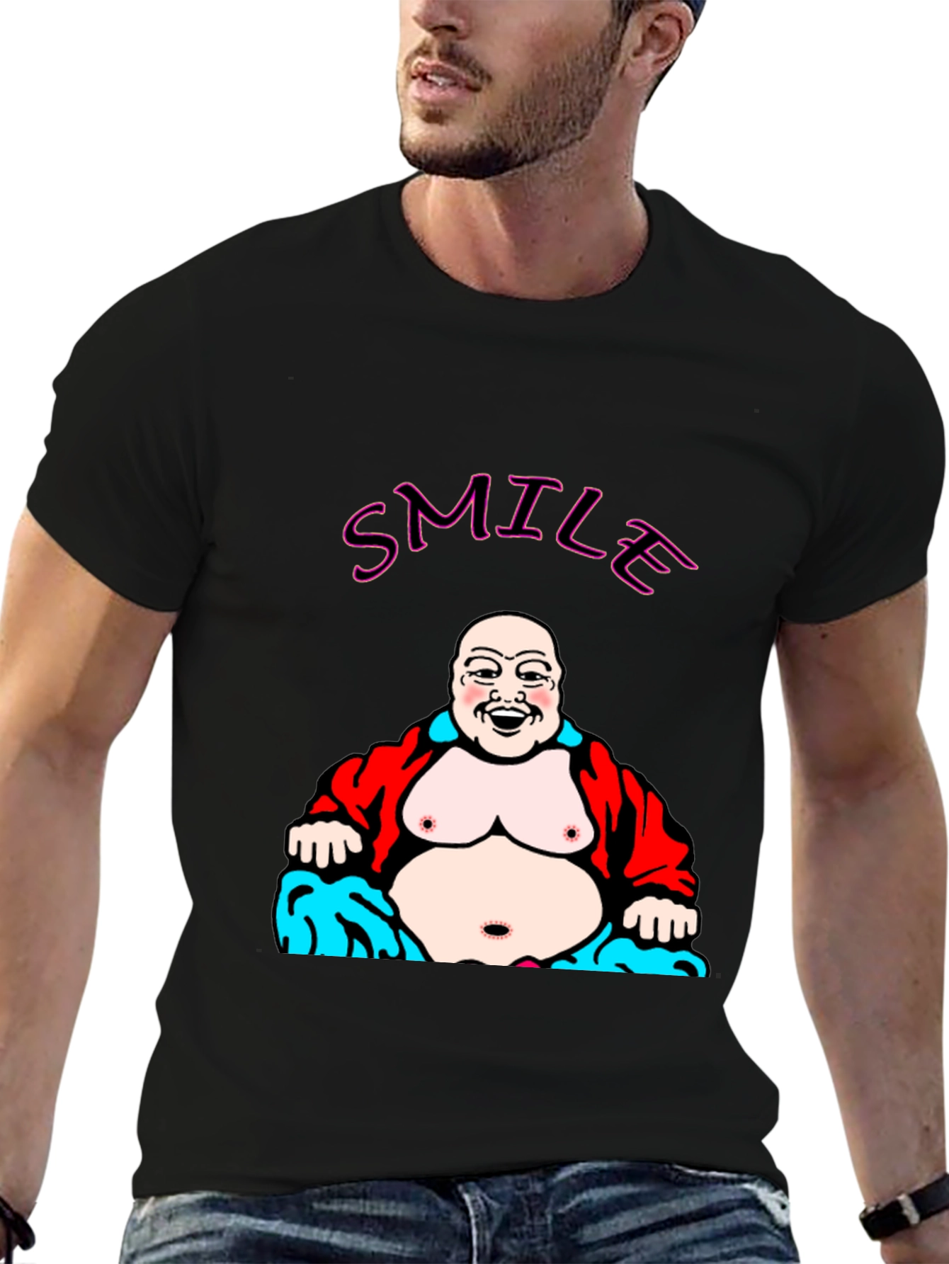 Black Smile Buddha Graphic Black T-Shirt view 6