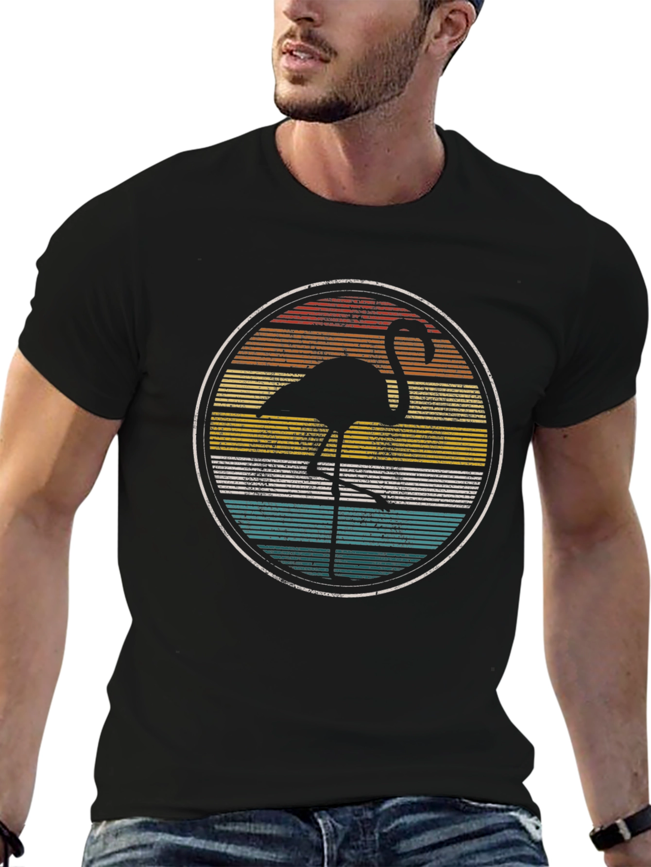 Black Retro Flamingo Graphic Tee - Vintage Style T-Shirt view 6