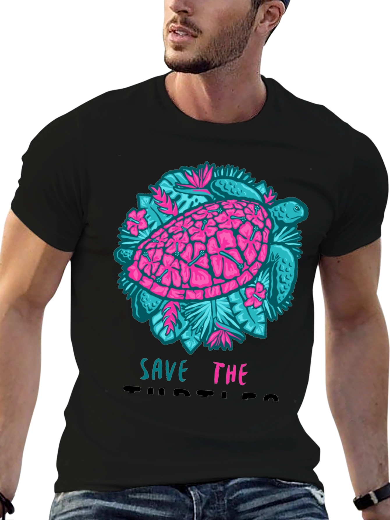 Black Save the Turtles Graphic Tee - Black Cotton T-Shirt view 6