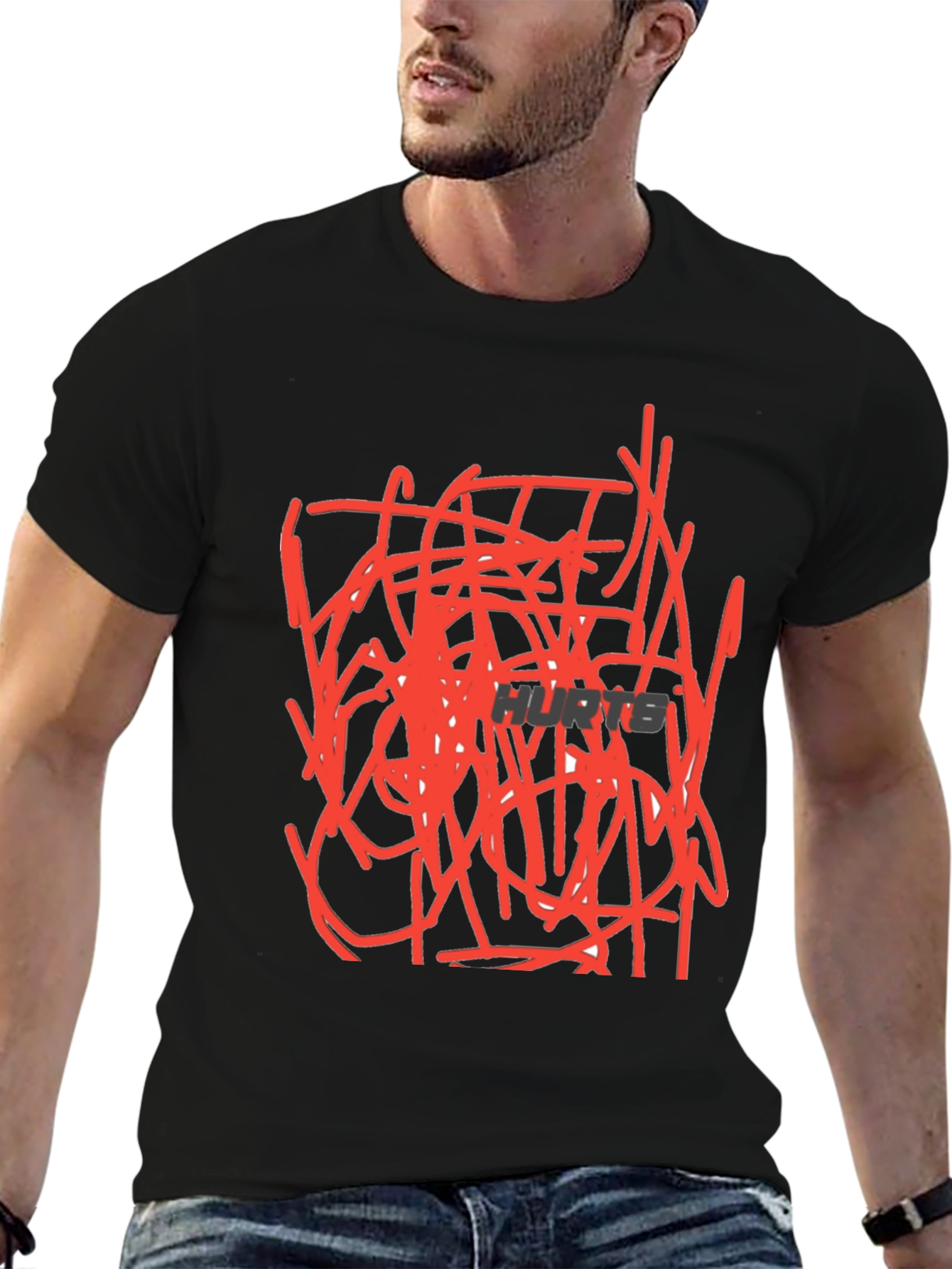 Black Abstract Red Scribble Design Black Cotton T-Shirt view 6
