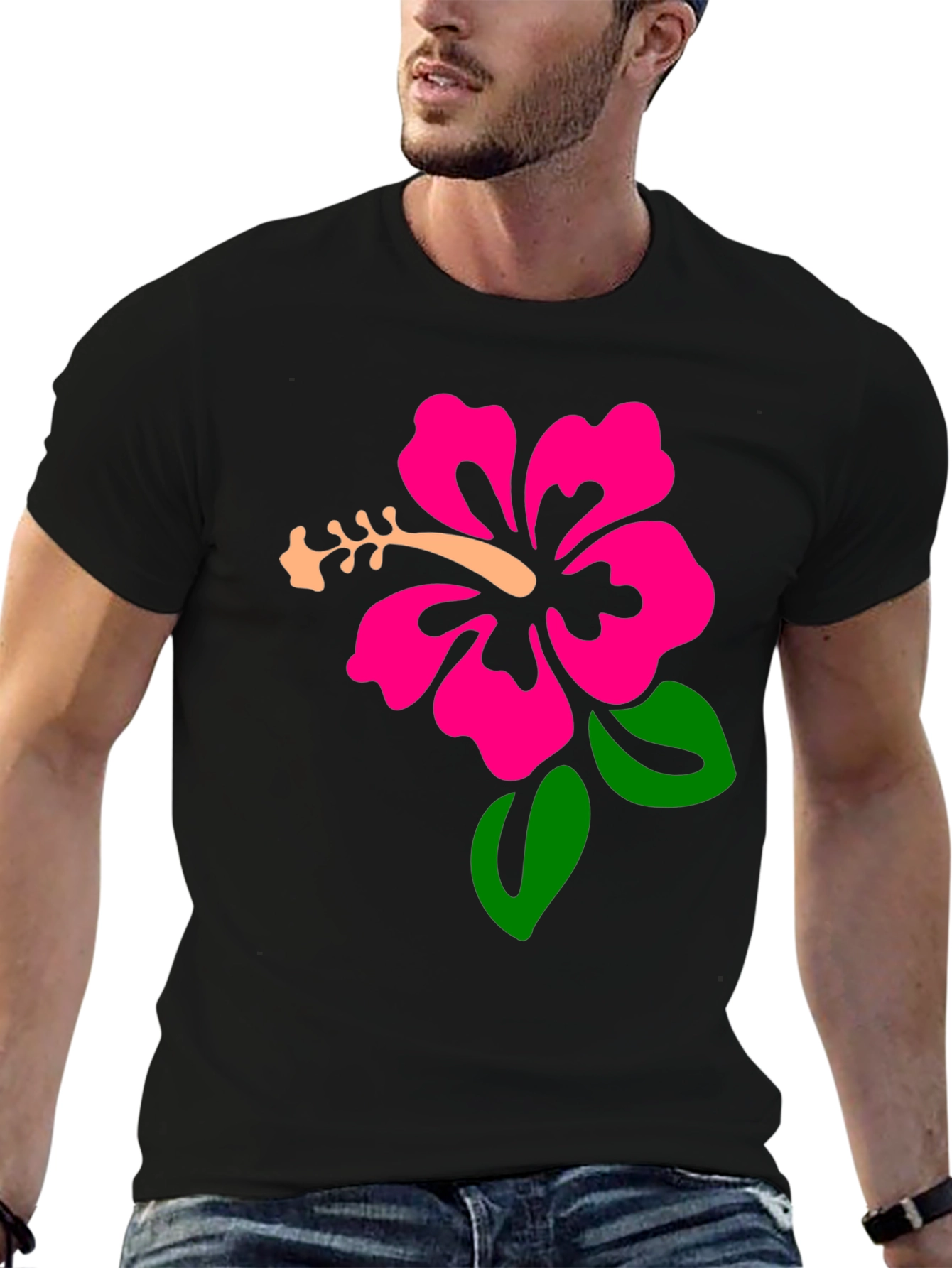 Black Black T-Shirt with Hibiscus Flower Graphic view 6