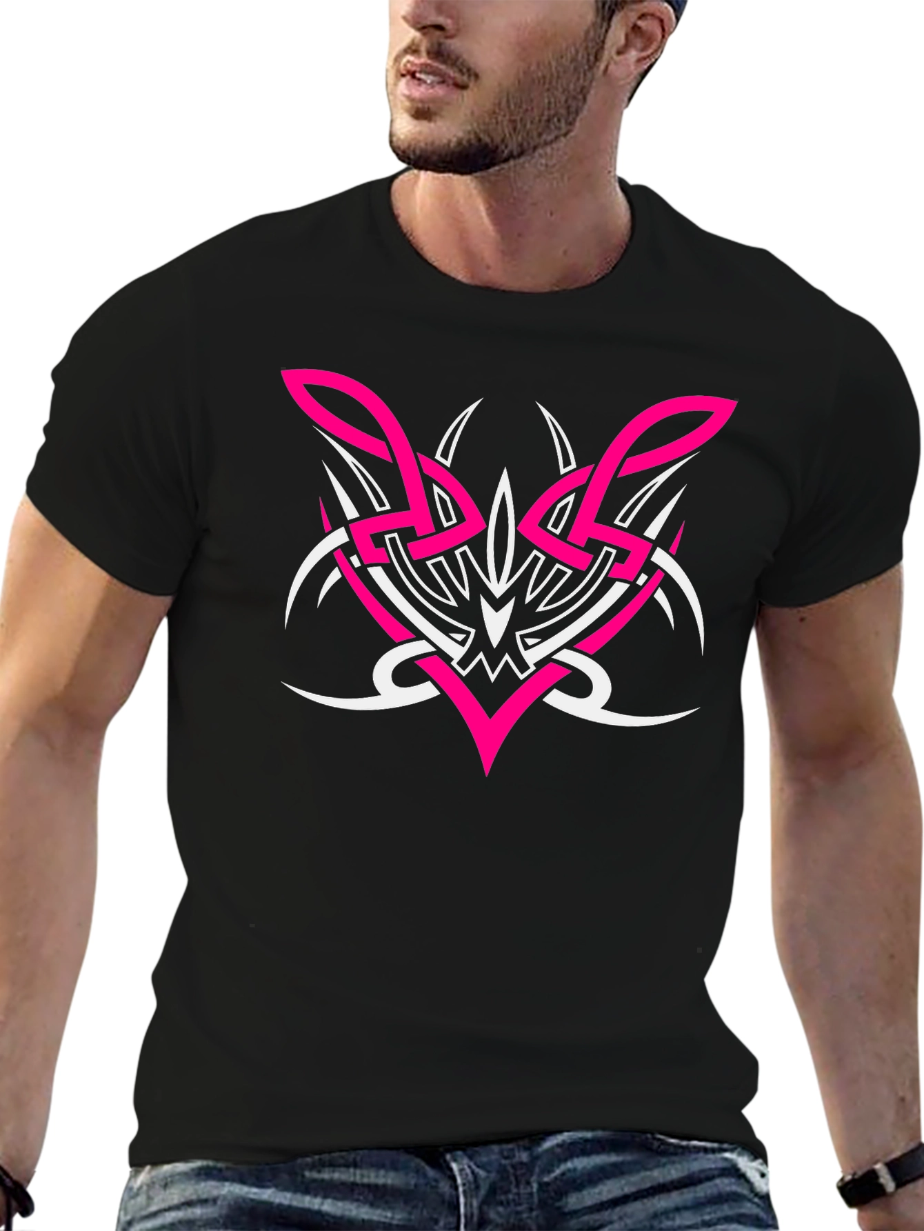 Black Men's Black Tee with Pink and White Tribal Graphic view 6