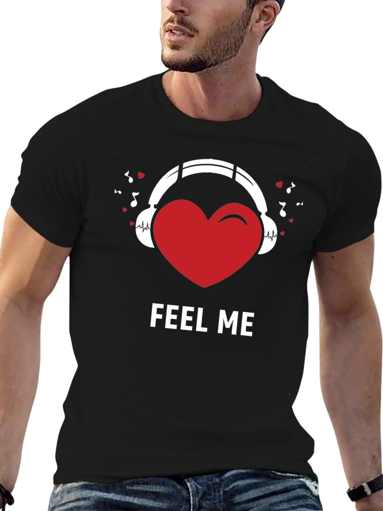 Black Feel Me Heart Headphones Graphic Tee view 6