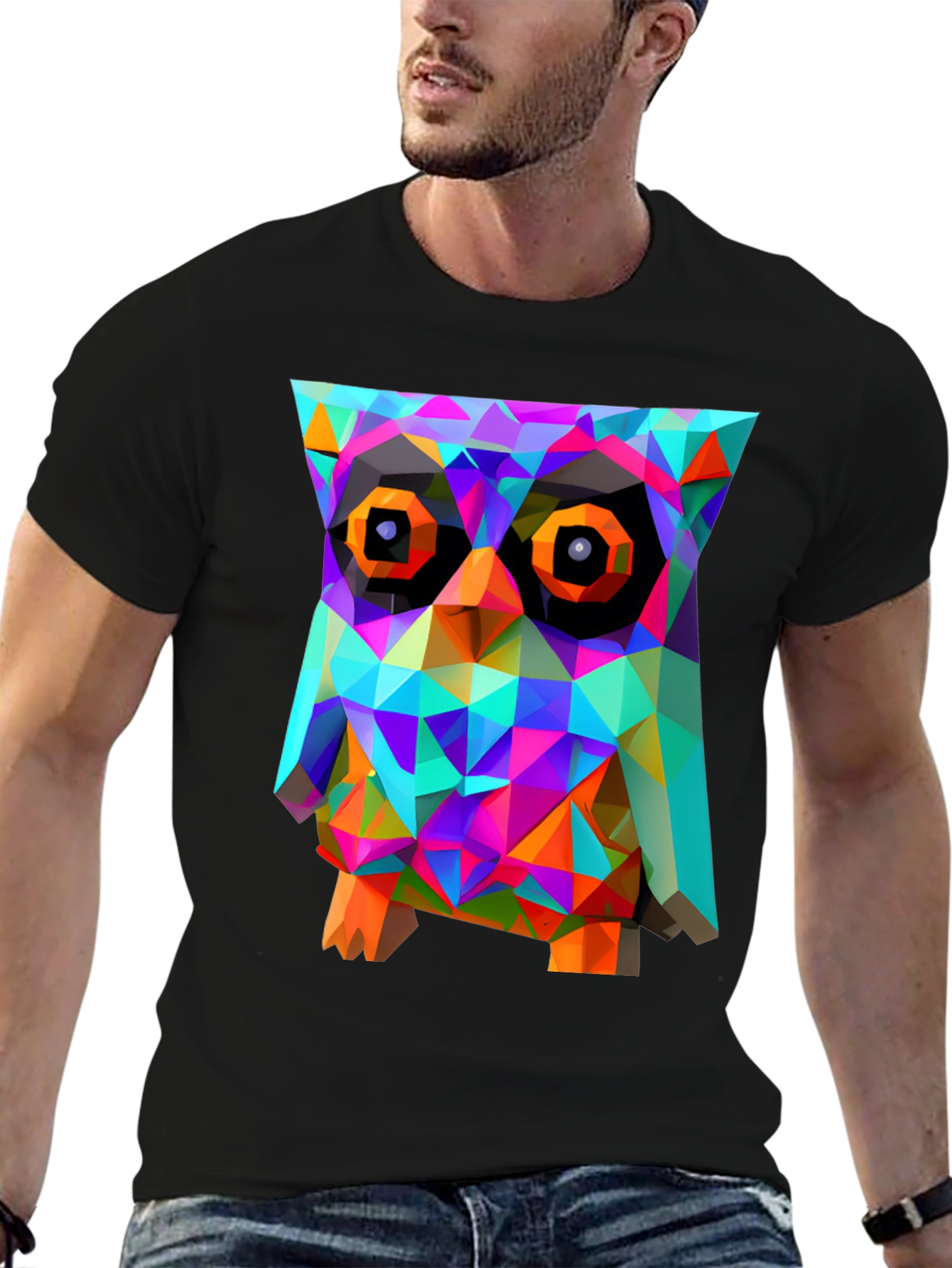 Black Geometric Owl Graphic Print T-Shirt - Black view 6