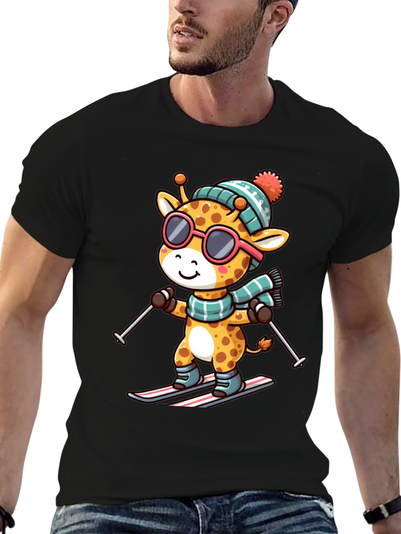 Black Giraffe Skiing T-Shirt - Fun Winter Apparel view 6