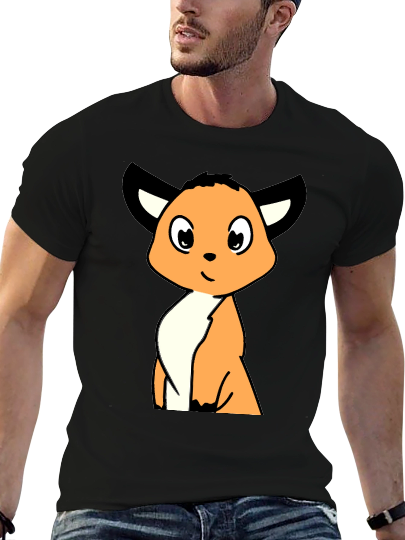Black Cartoon Fox Graphic Tee - Black Casual T-Shirt view 6