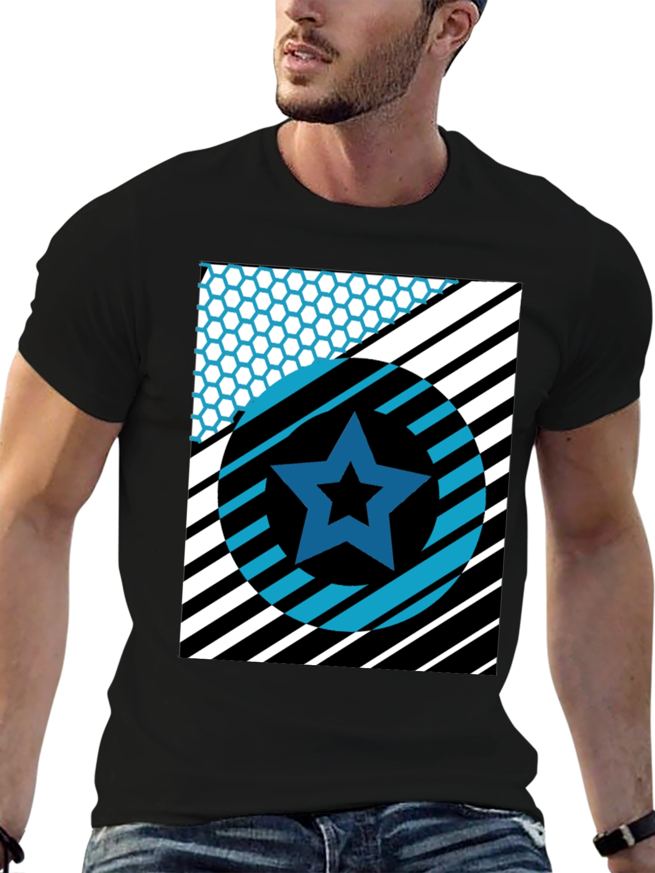 Black Geometric Star Graphic Tee - Black Cotton T-Shirt view 6