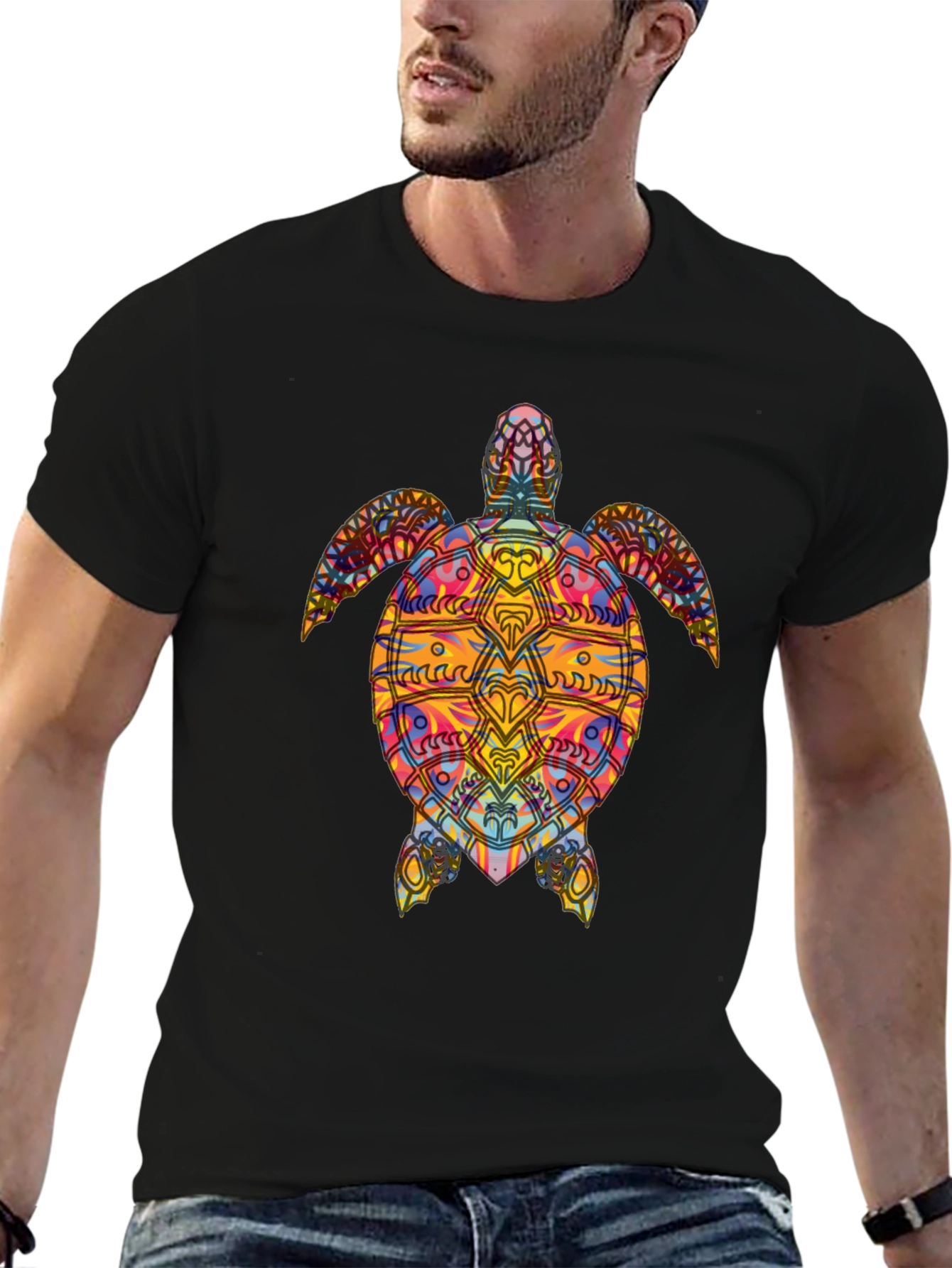 Black Colorful Turtle Graphic Black T-Shirt view 6