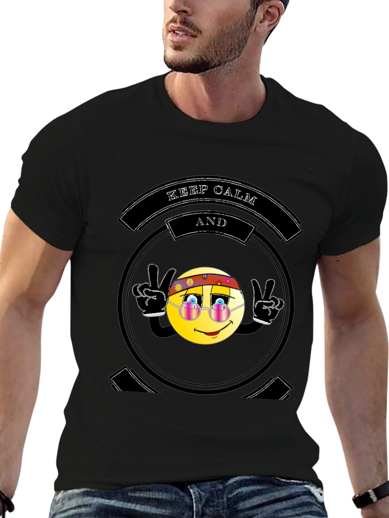 Black Keep Calm Hippie Emoji Black T-Shirt view 6
