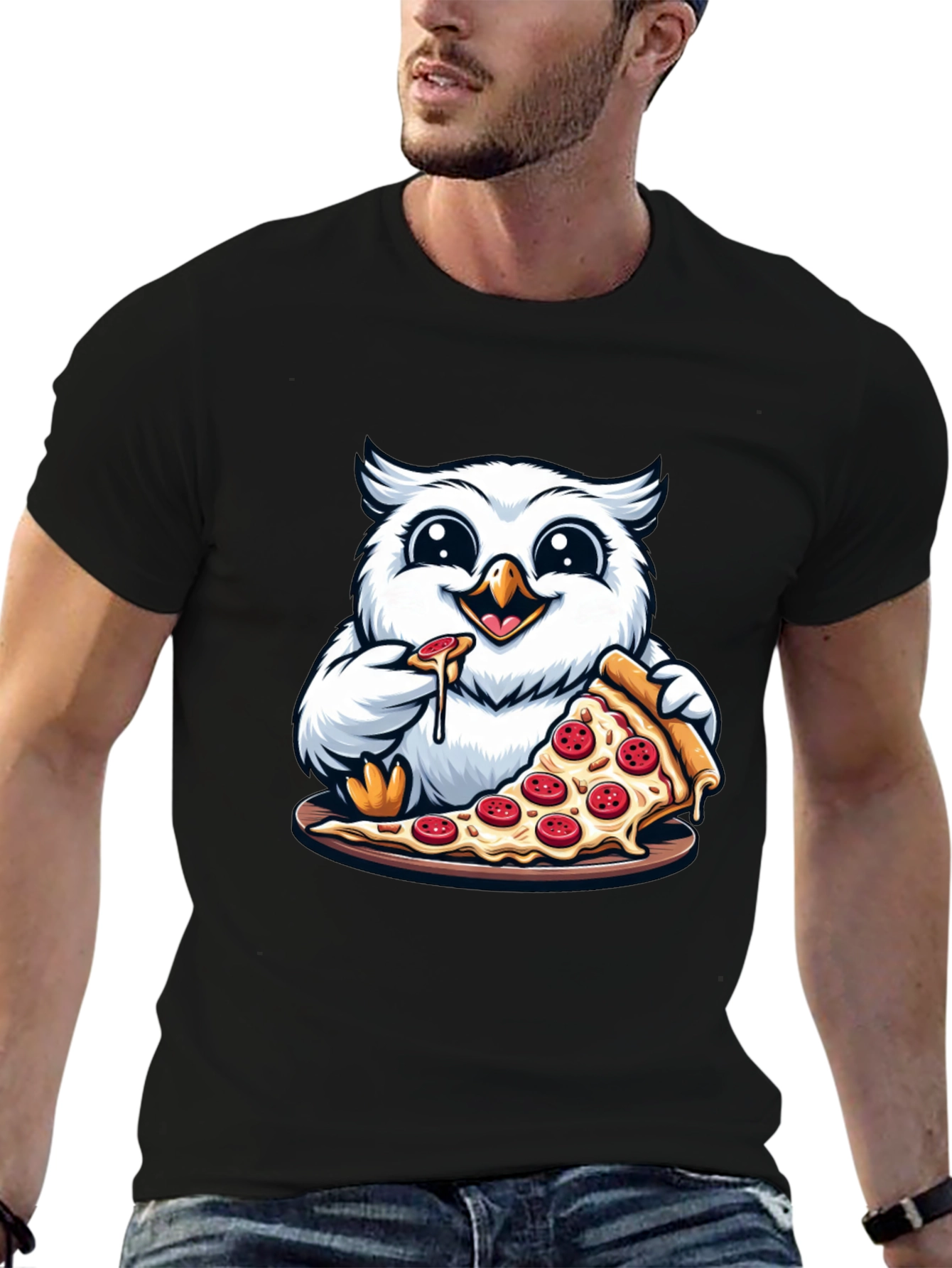 Black Owl Pizza Lover T-Shirt - Cute Cartoon Graphic Tee view 6