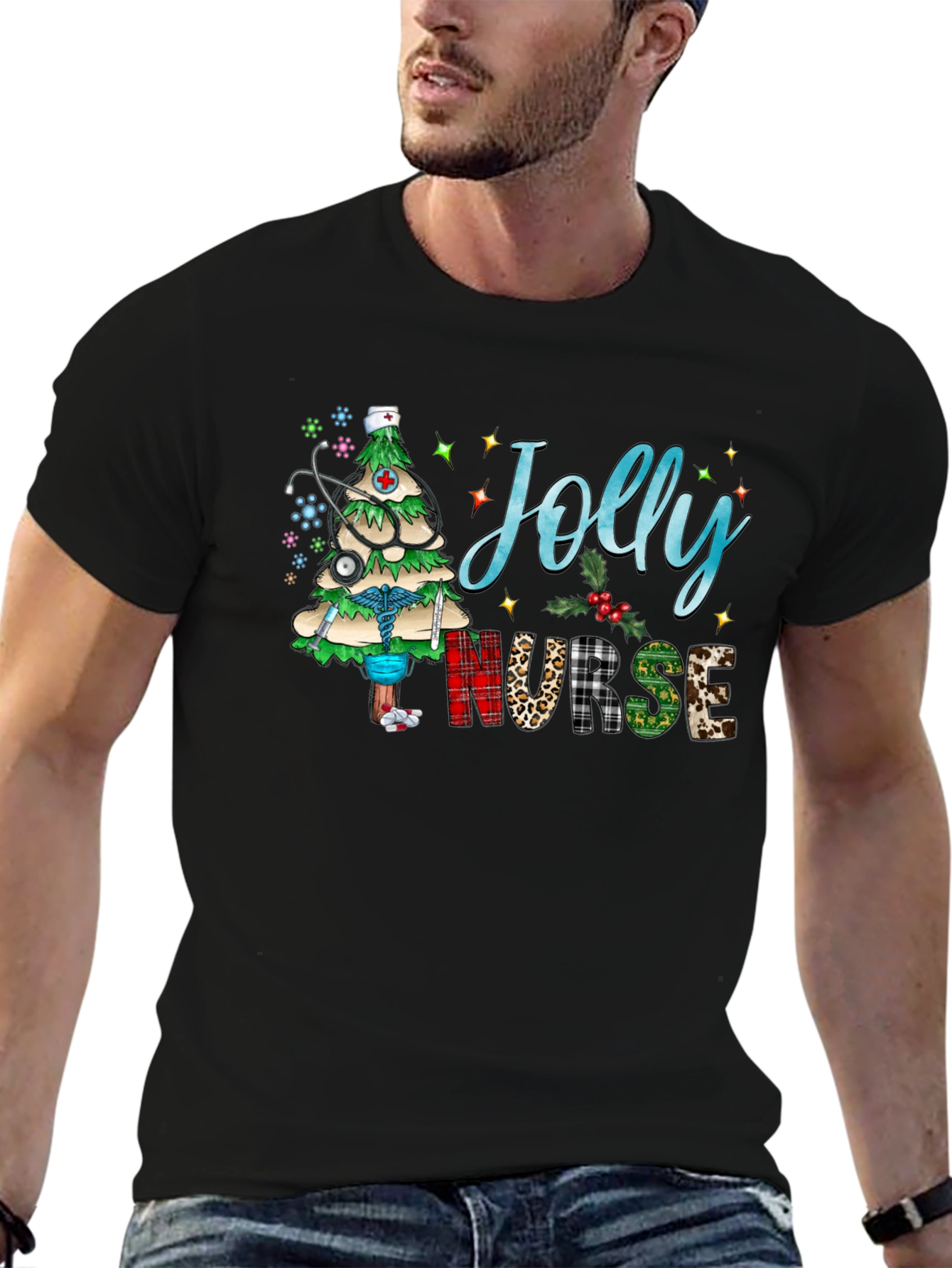 Black Jolly Nurse Holiday T-Shirt view 6