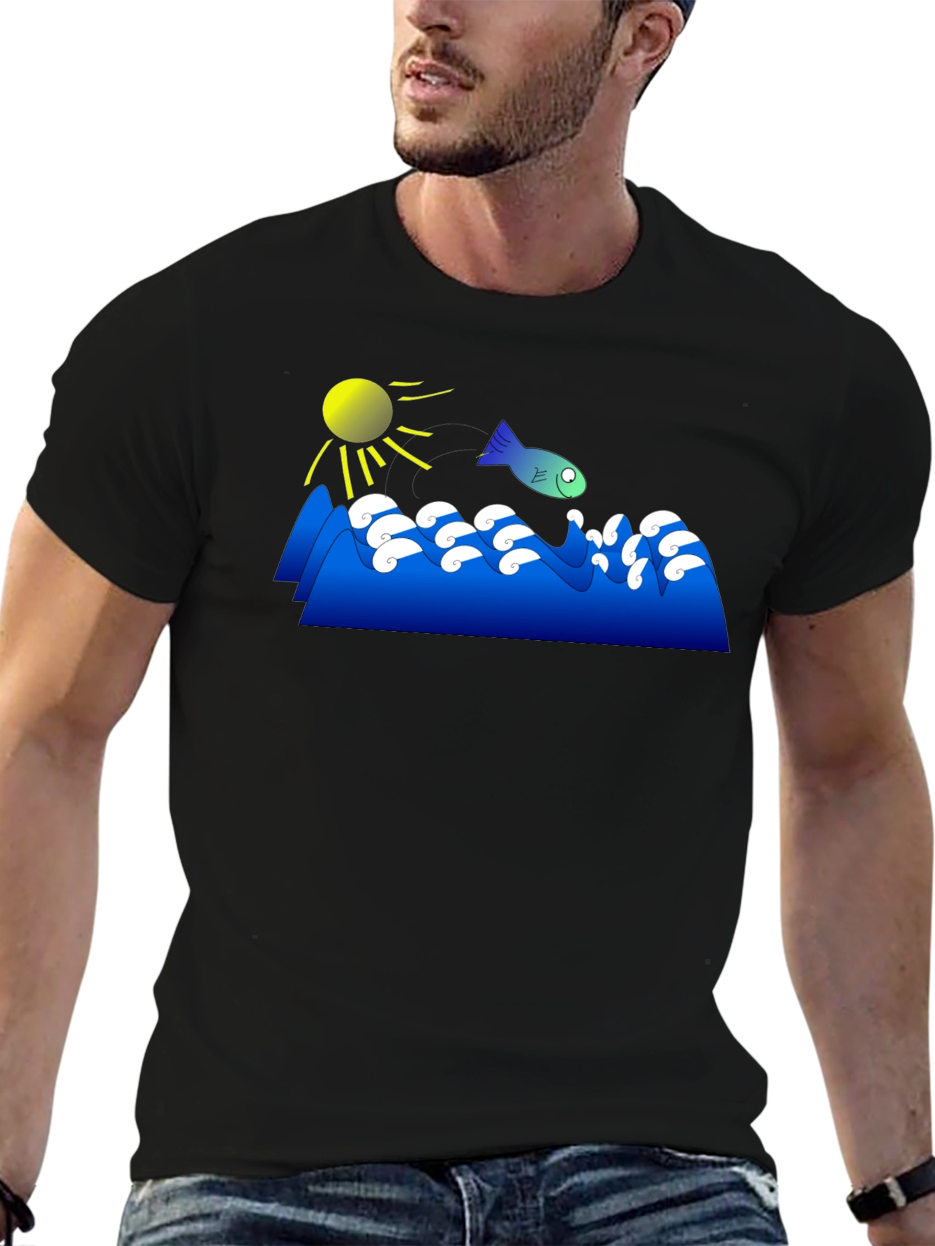 Black Cartoon Fish Jumping Waves Graphic Black T-Shirt view 6