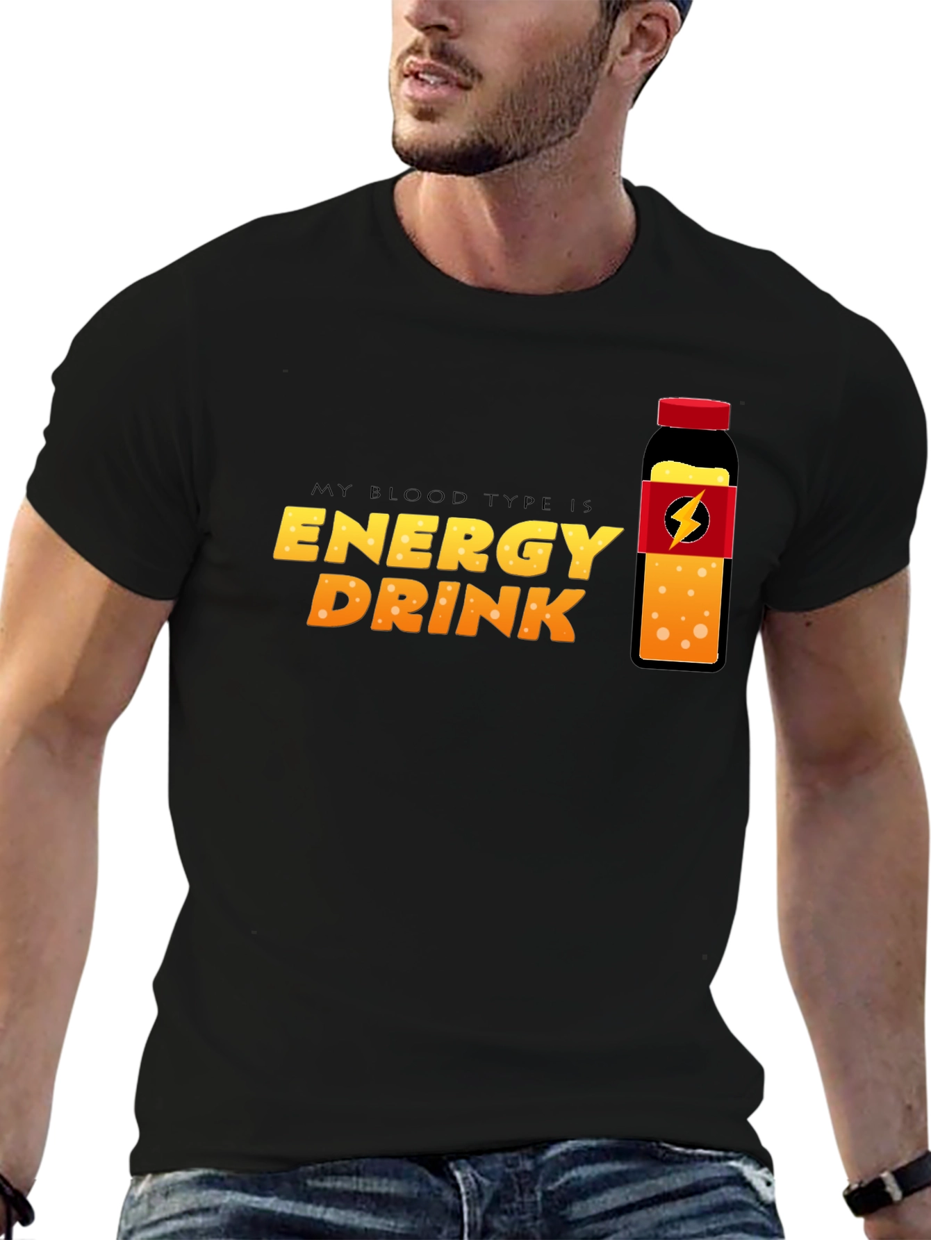 Black Energy Drink Blood Type T-Shirt - Black Crew Neck Tee view 6