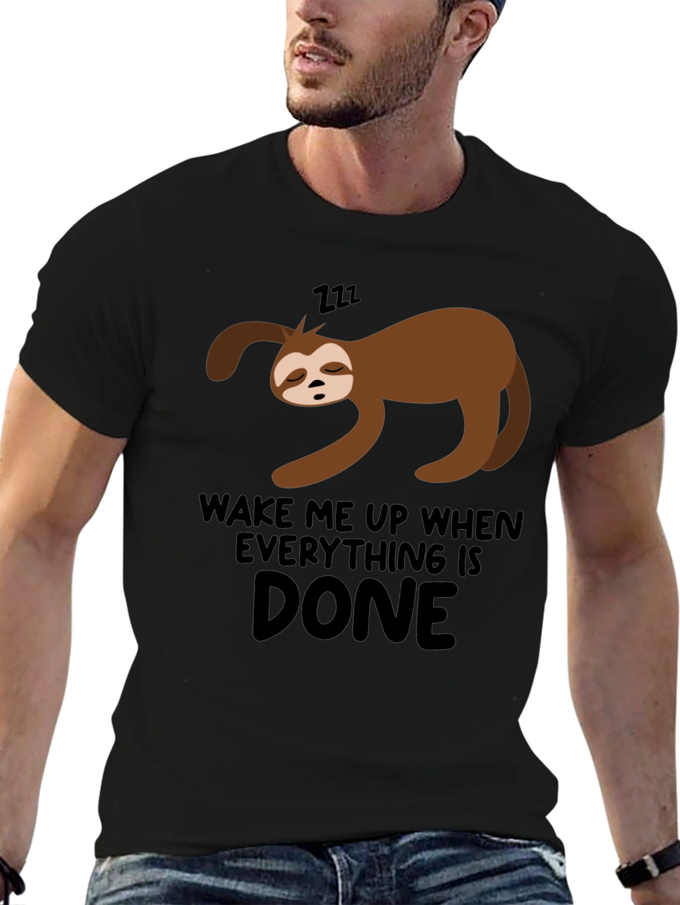 Black Lazy Sloth 'Wake Me Up When Done' Black T-Shirt view 6