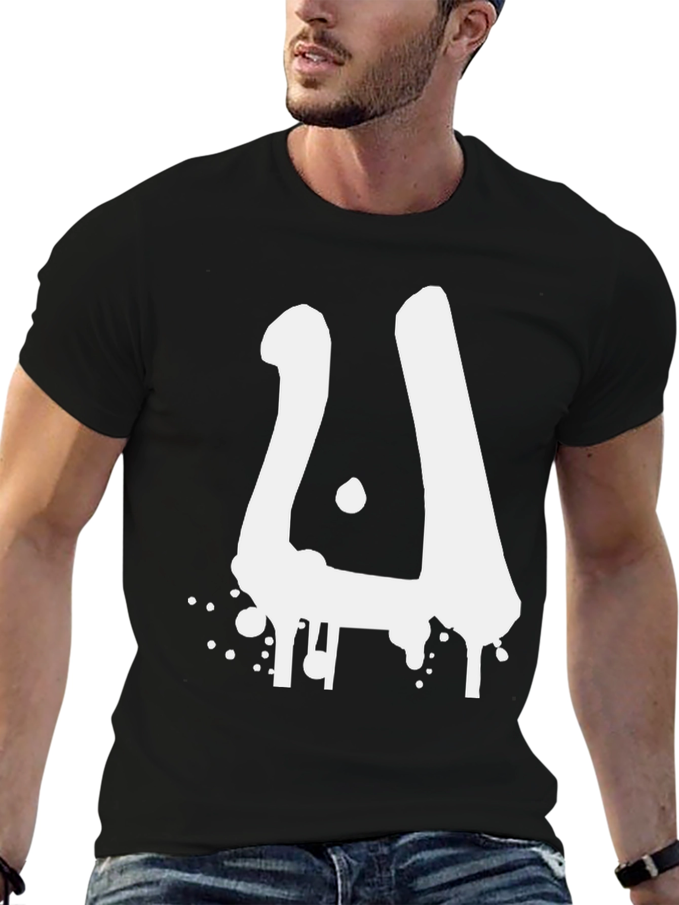Black Men's Black Graphic Tee - Abstract White Design view 6