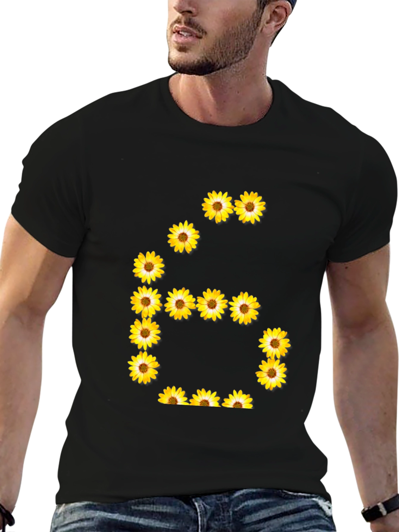 Black Floral Number 6 Graphic Tee - Unisex Black T-Shirt view 6