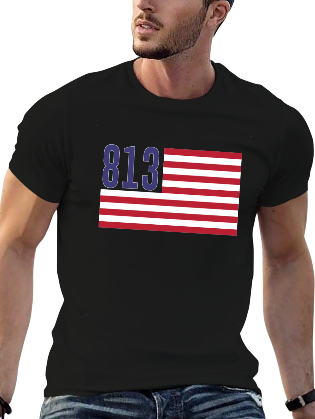 Black 813 Tampa Area Code American Flag T-Shirt view 6