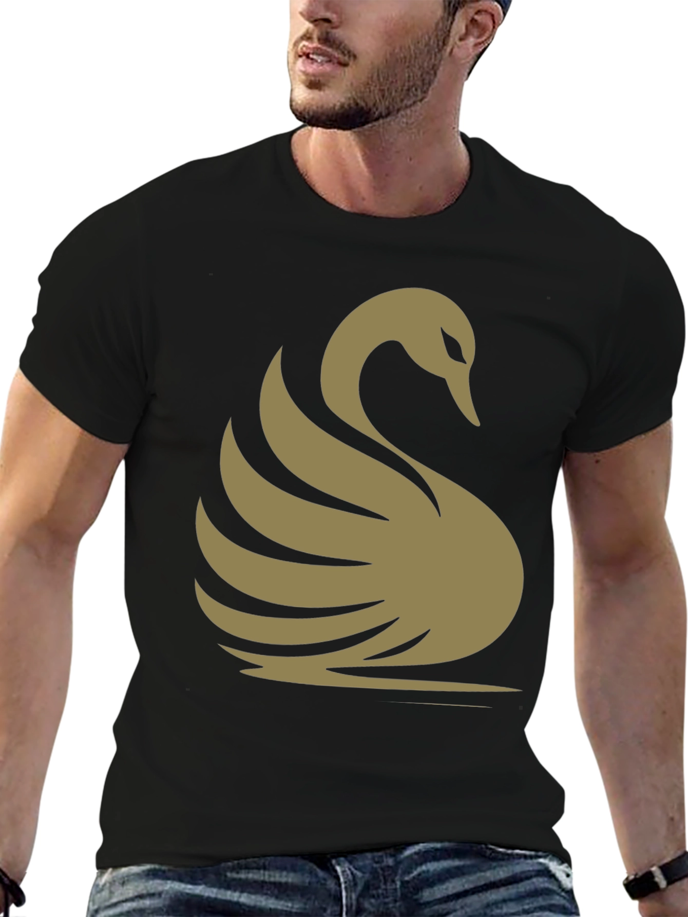 Black Elegant Swan Graphic Tee - Classic Black Cotton T-Shirt view 6